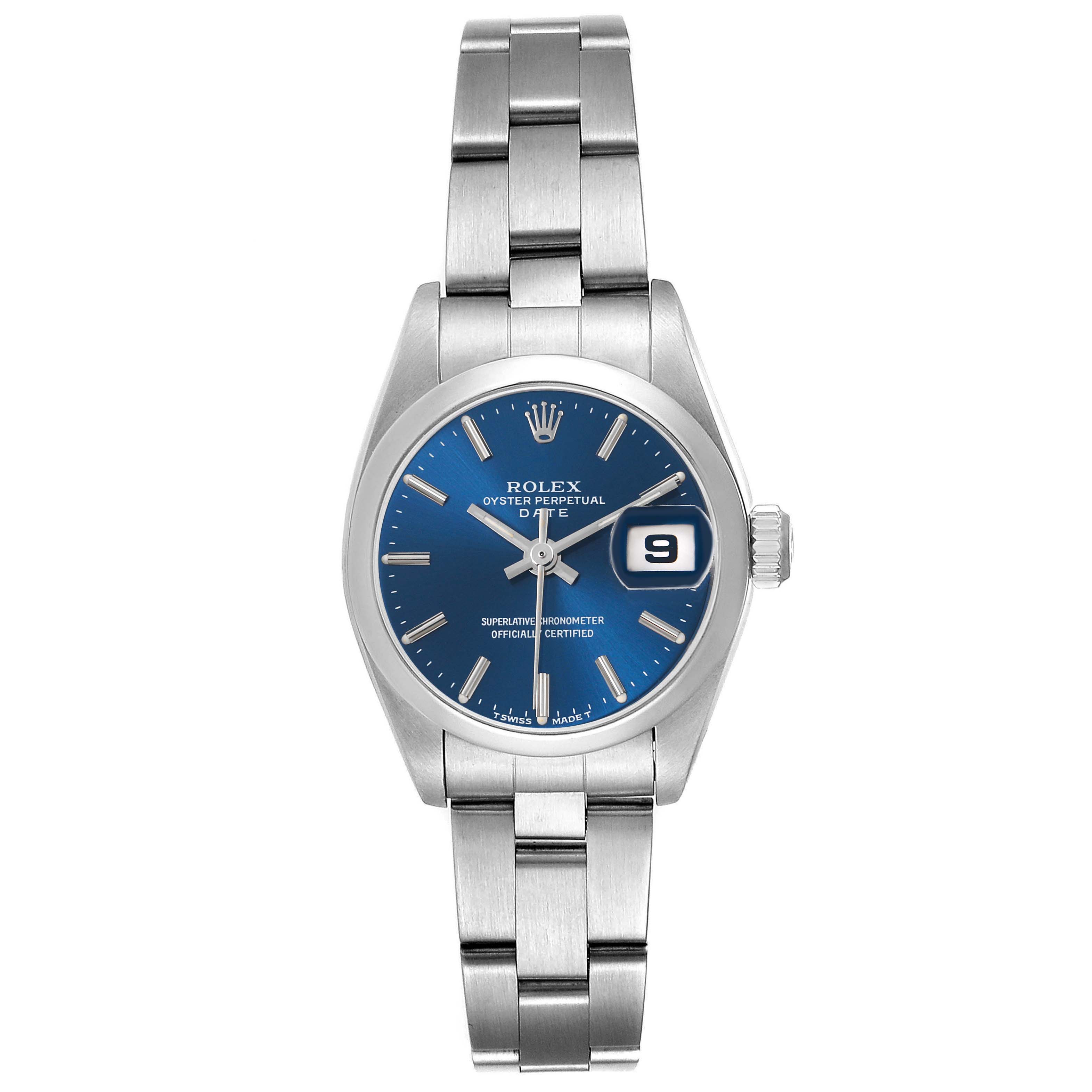 The Rolex Date 69160 Women's Stainless Steel Blue Dial 69160 Women's Stainless Steel Blue Dial model is shown from the front, displaying the dial, bracelet, date window, and crown.