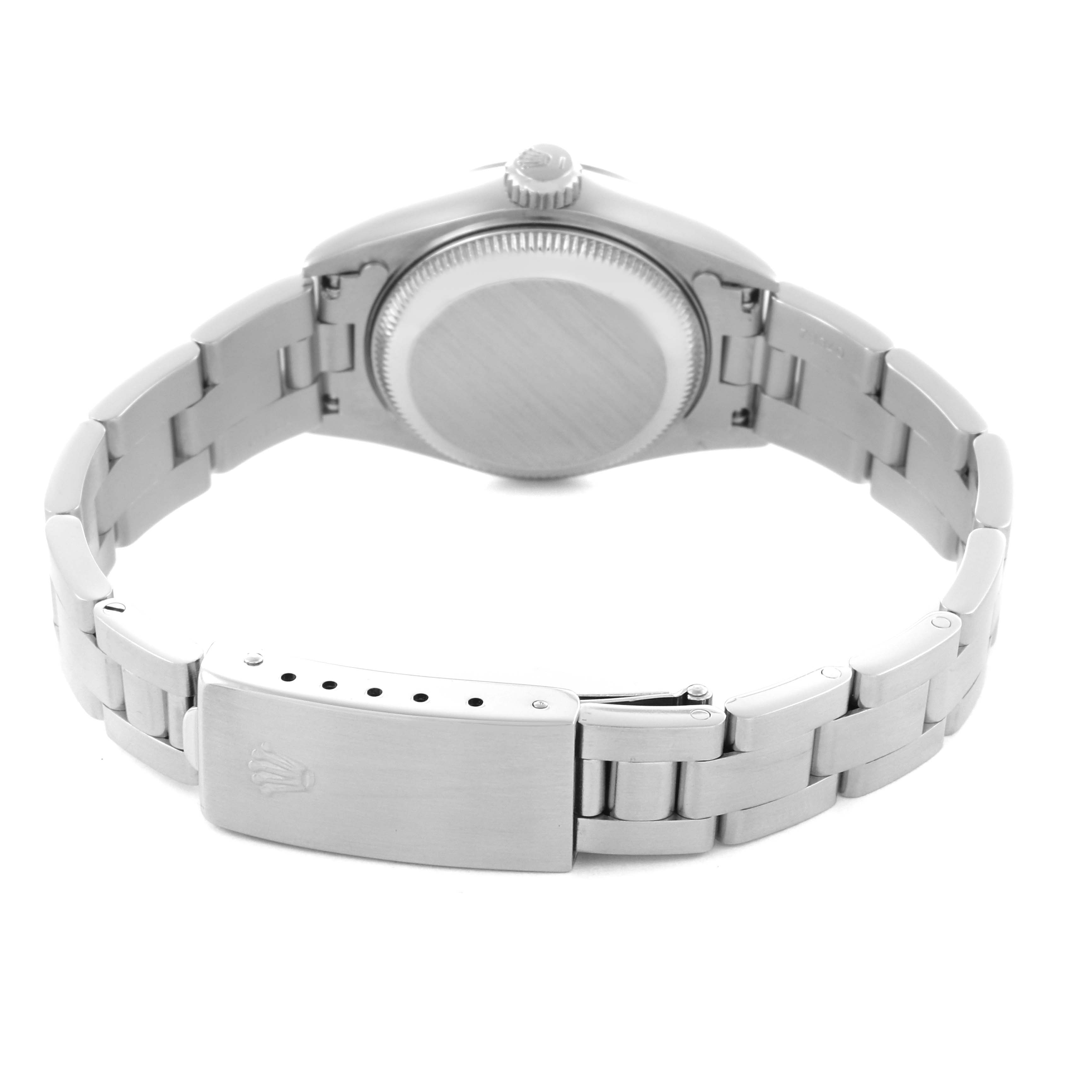 The image shows the back view of a Rolex Date 69160 Women's Stainless Steel Blue Dial 69160 Women's Stainless Steel Blue Dial model watch, highlighting the case back, bracelet, and clasp.