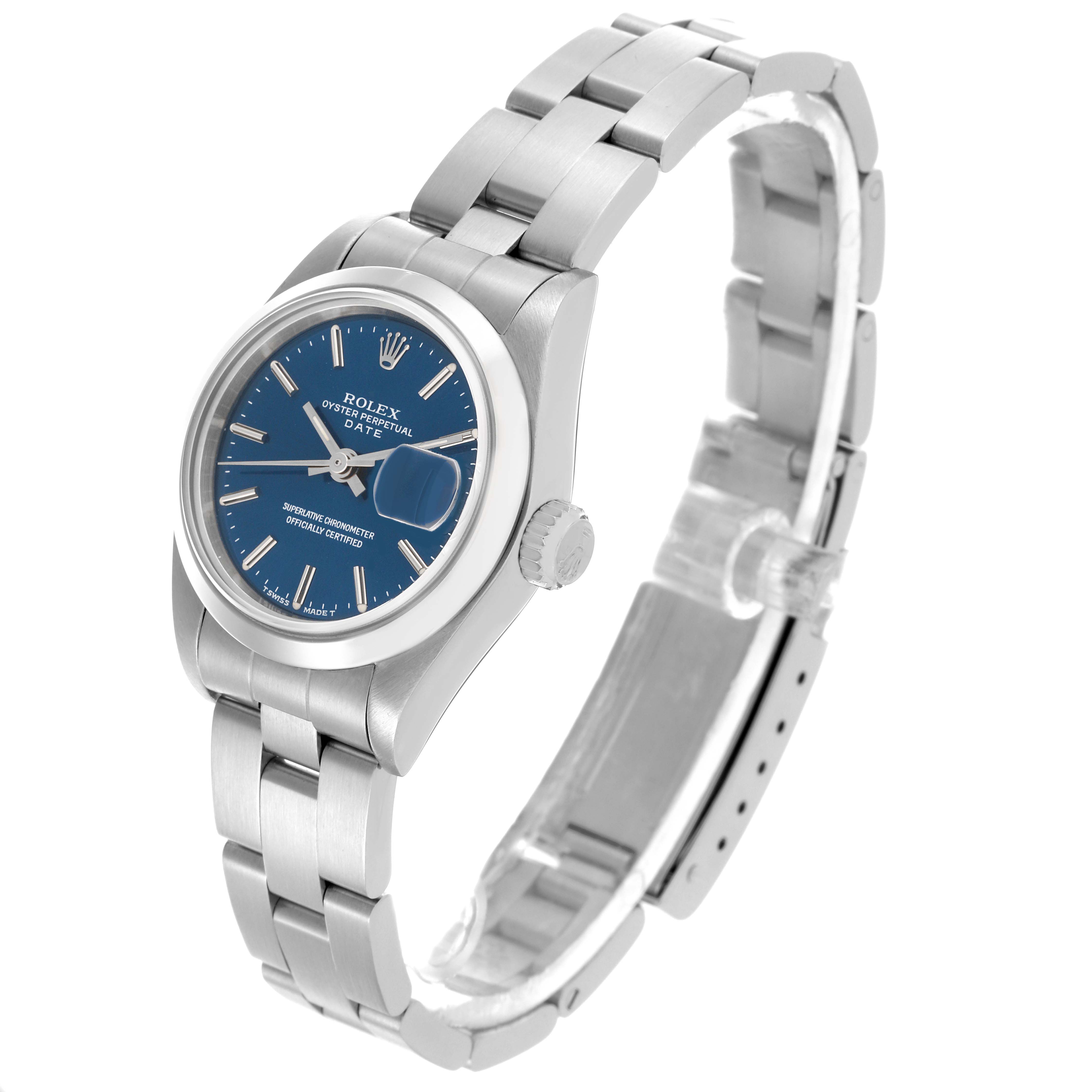 The Rolex Date 69160 Women's Stainless Steel Blue Dial 69160 Women's Stainless Steel Blue Dial model is shown at an angled side view, displaying the watch face, crown, and stainless steel bracelet.