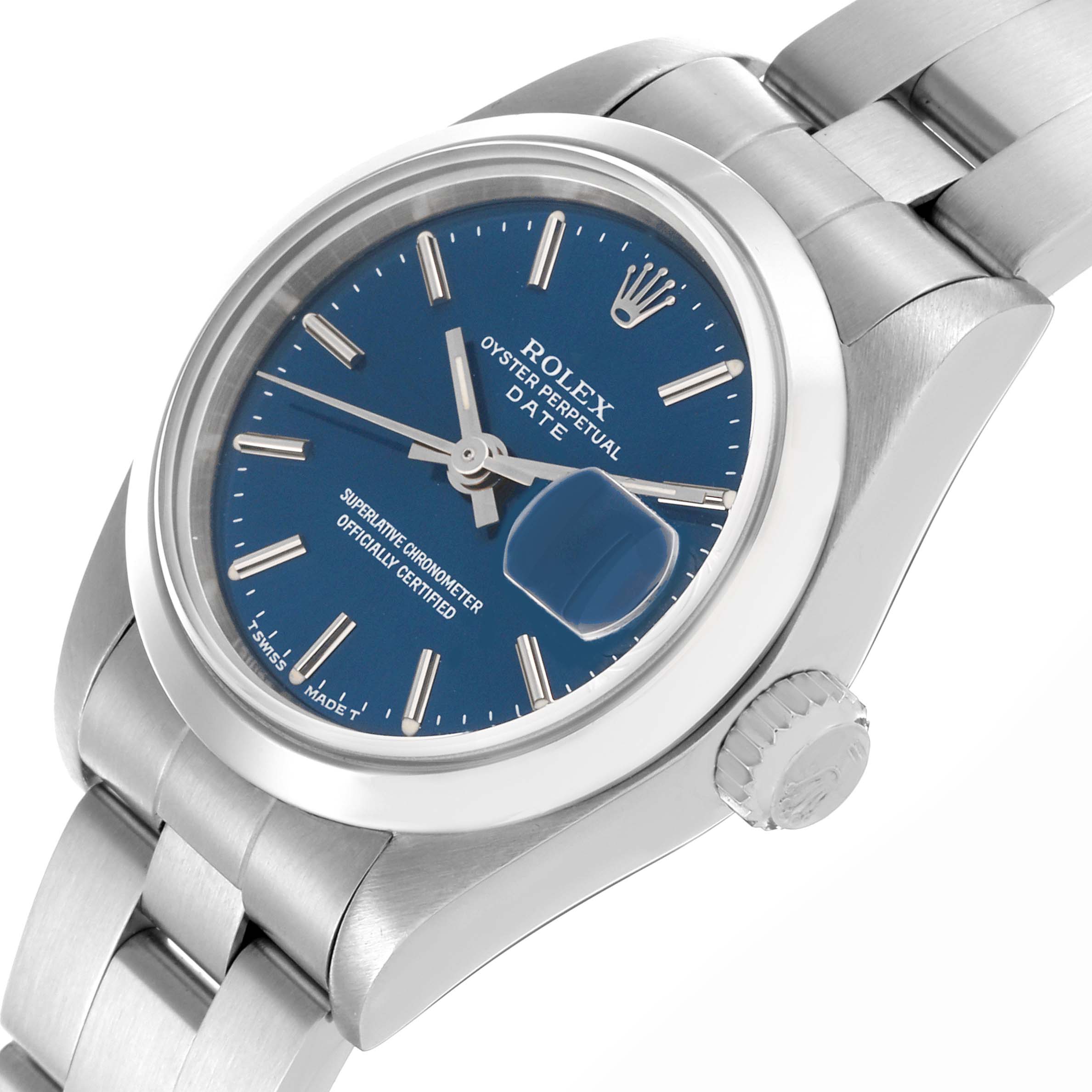 The Rolex Date 69160 Women's Stainless Steel Blue Dial 69160 Women's Stainless Steel Blue Dial watch is shown at a slight angle, highlighting the blue dial, bezel, cyclops lens, crown, and bracelet.