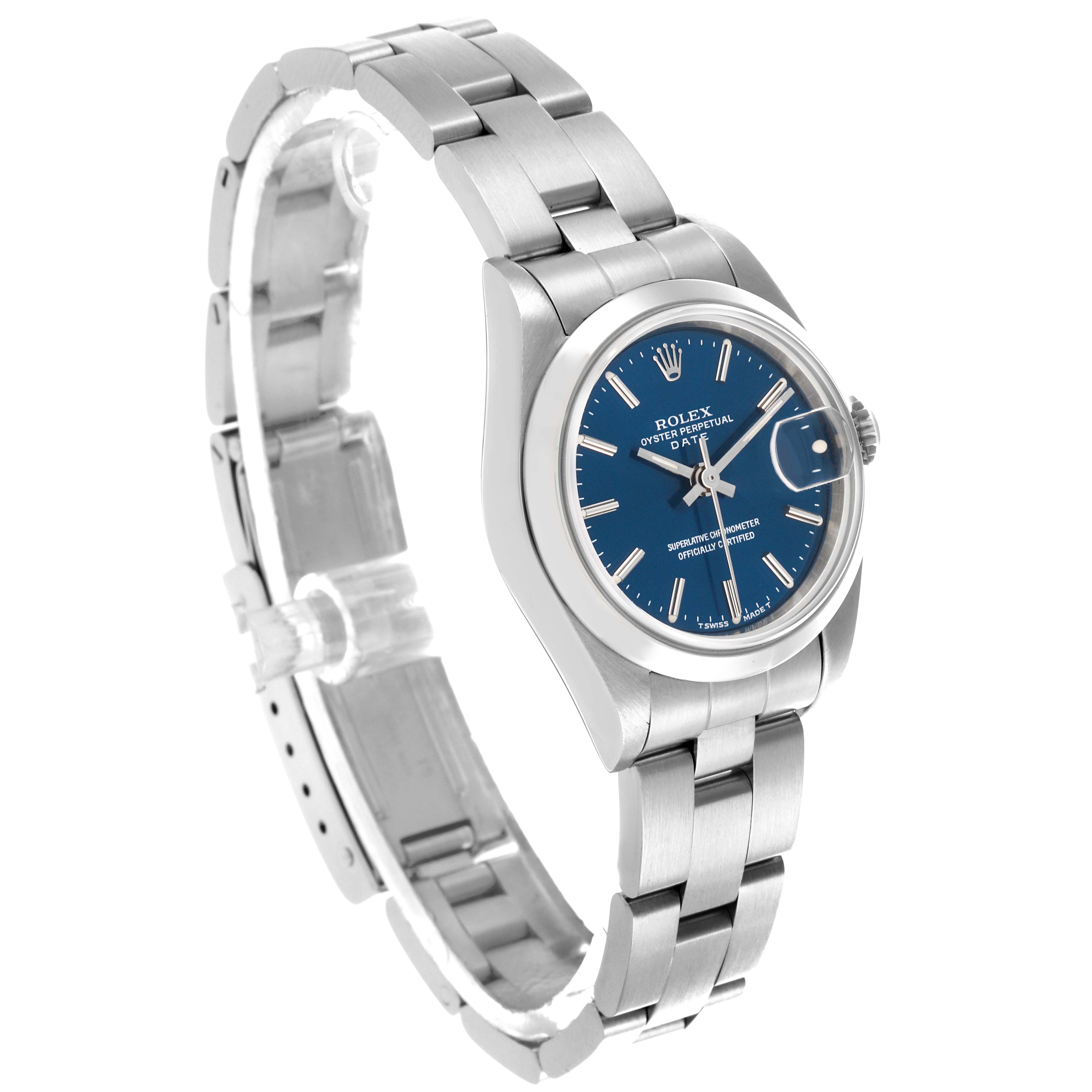 The Rolex Date 69160 Women's Stainless Steel Blue Dial 69160 Women's Stainless Steel Blue Dial watch is shown at a three-quarter angle, highlighting the bracelet, bezel, and blue dial.