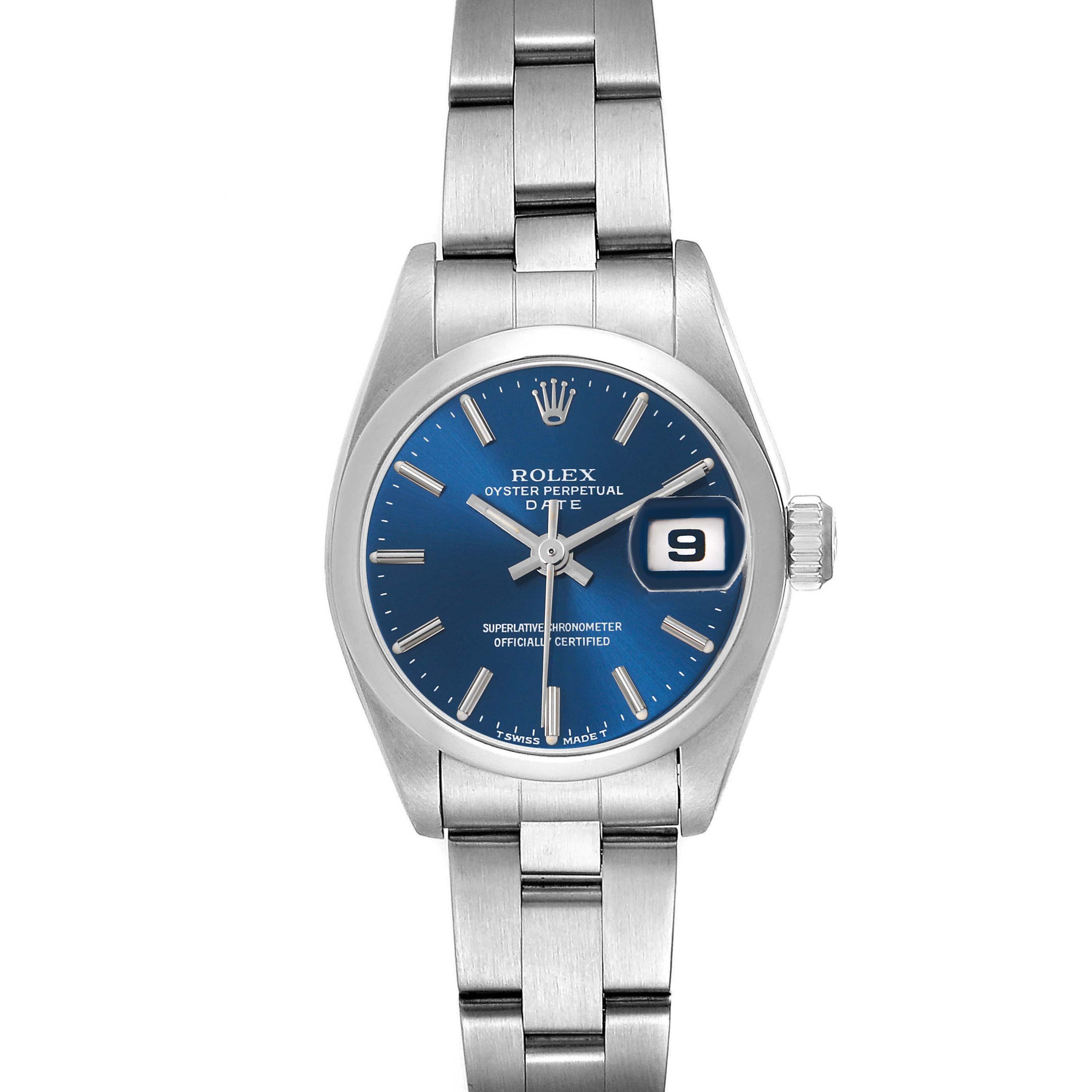 The Rolex Date 69160 Women's Stainless Steel Blue Dial 69160 Women's Stainless Steel Blue Dial watch is shown from a top-down angle, displaying the dial, bezel, crown, and part of the bracelet.