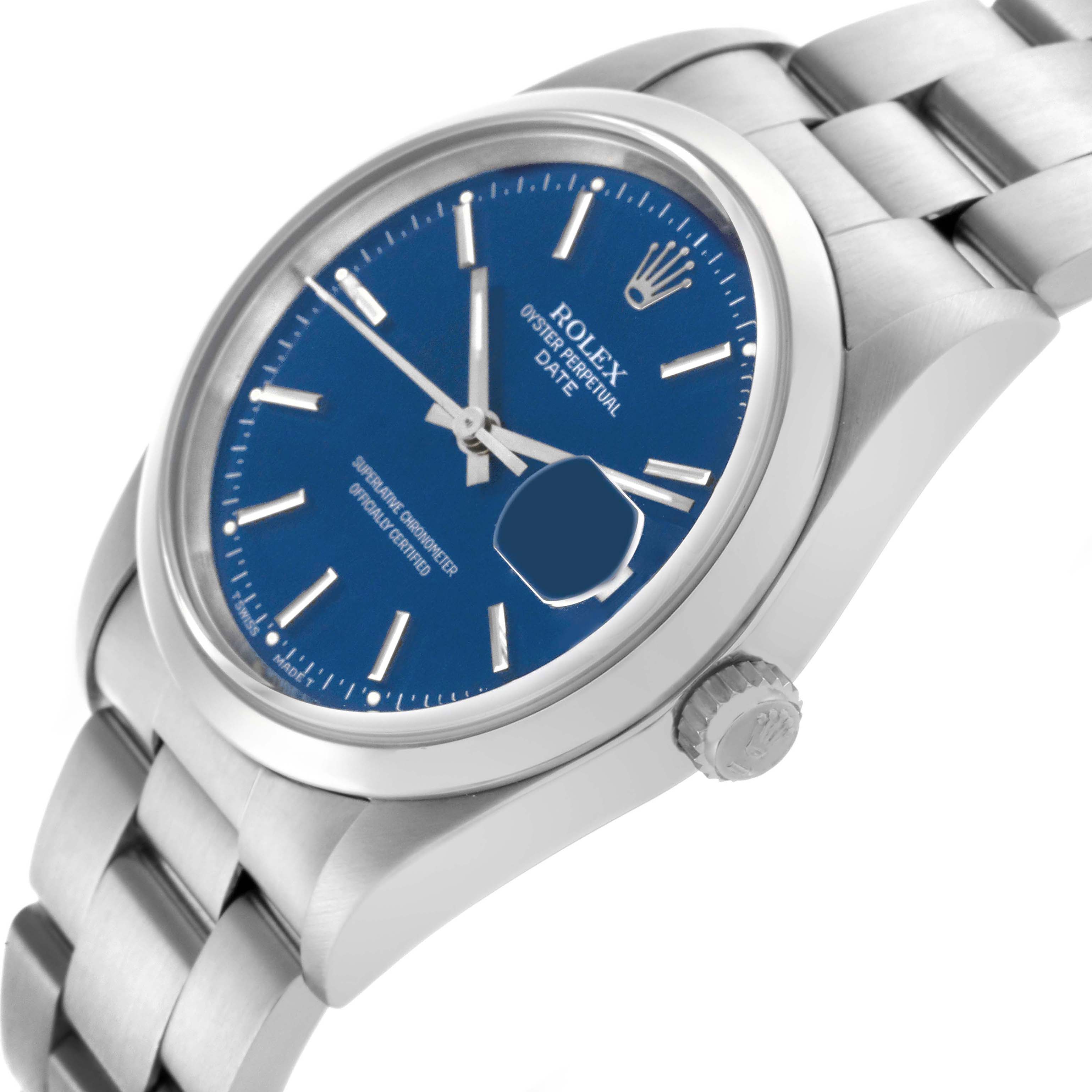 The Rolex Date 15200 Men's Stainless Steel Blue Dial 15200 Men's Stainless Steel Blue Dial watch is shown at a slight angle, displaying the blue dial, bezel, bracelet, and crown.