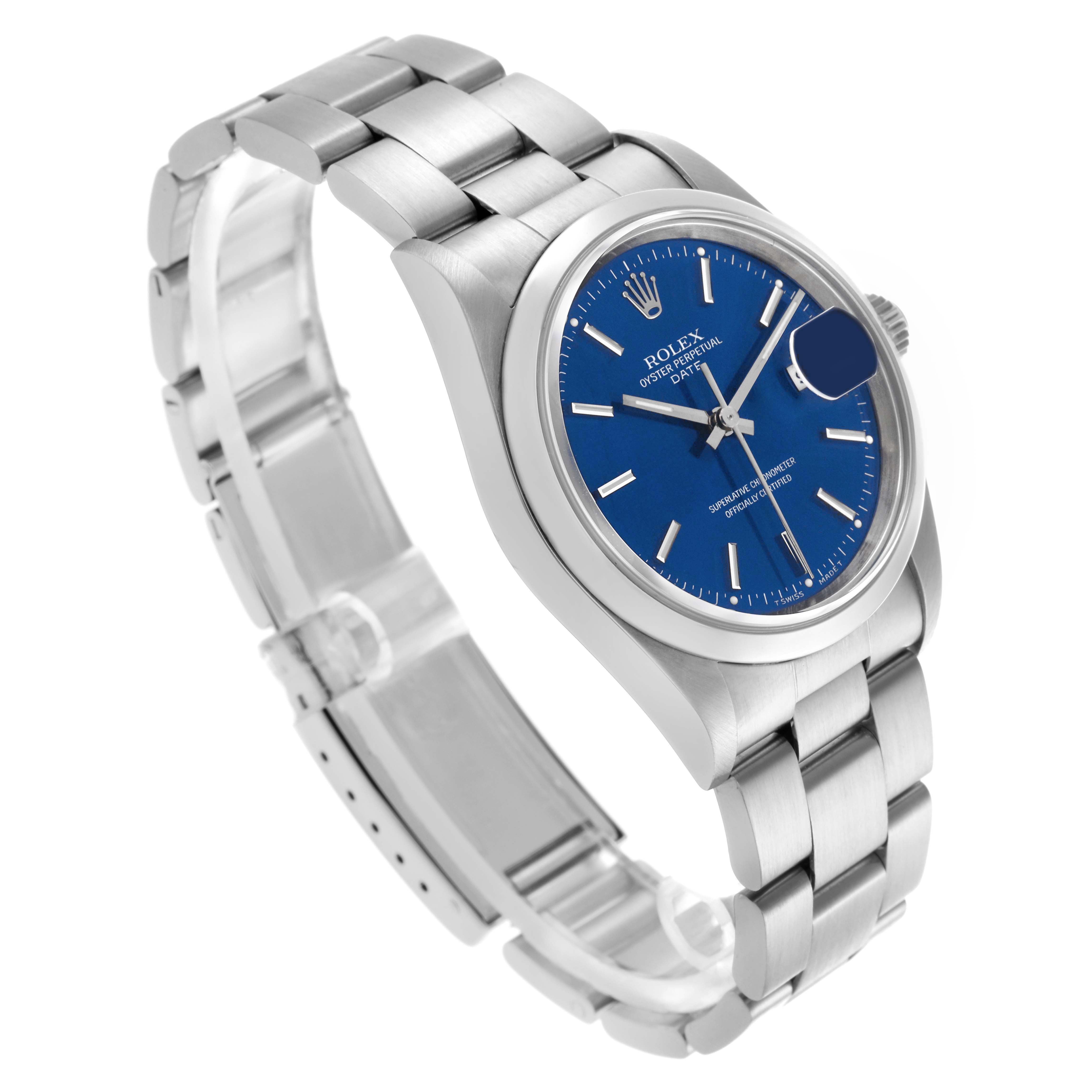 The image shows a Rolex Date 15200 Men's Stainless Steel Blue Dial 15200 Men's Stainless Steel Blue Dial model watch at a three-quarter angle, highlighting the dial, bezel, and bracelet.