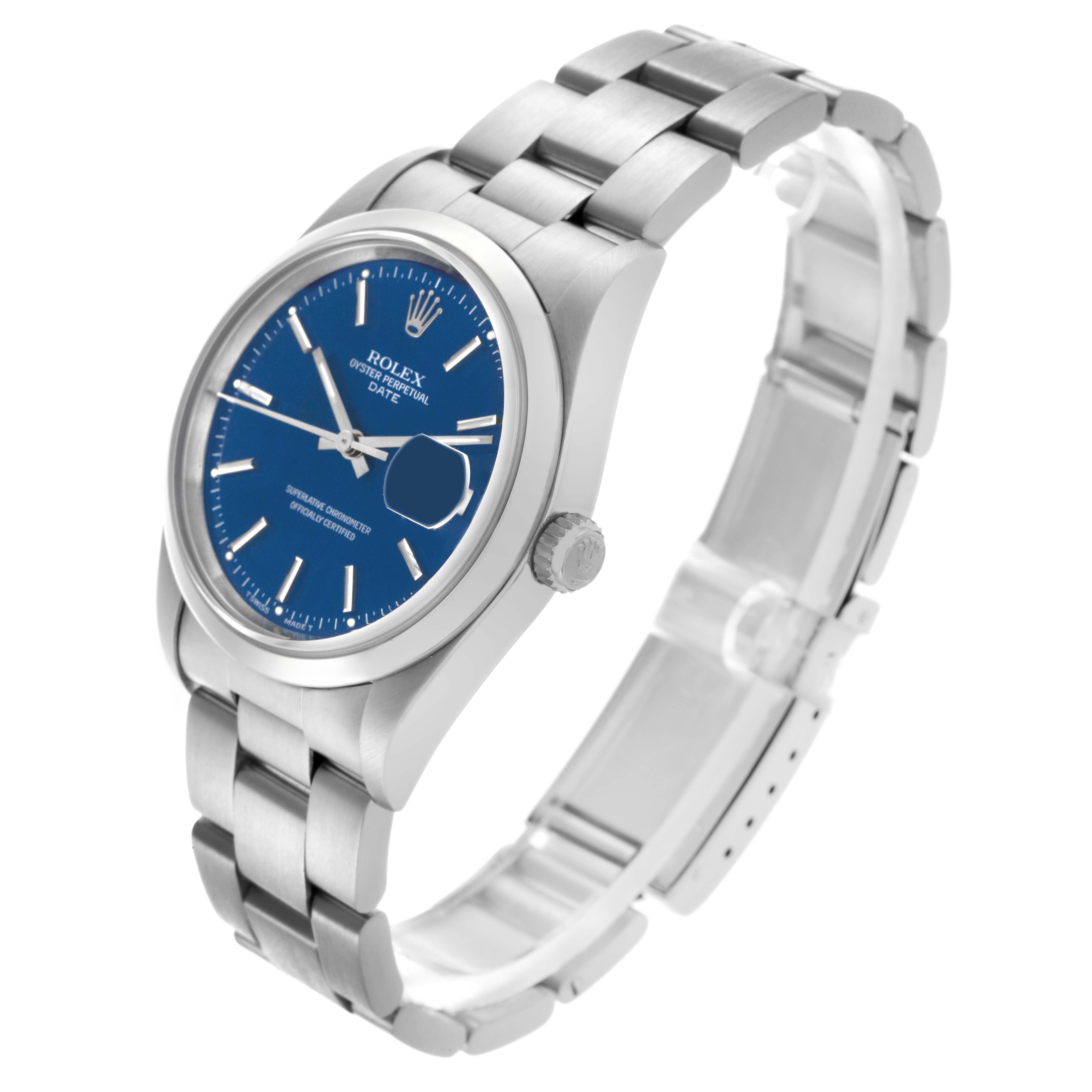 The Rolex Date 15200 Men's Stainless Steel Blue Dial 15200 Men's Stainless Steel Blue Dial model watch is shown at a three-quarter angle, displaying the blue dial, bracelet, and crown.