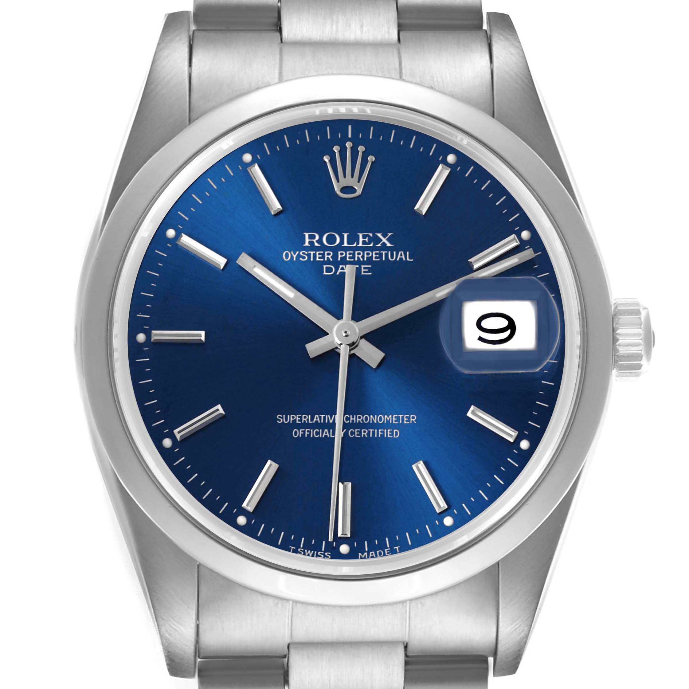 The Rolex Date 15200 Men's Stainless Steel Blue Dial 15200 Men's Stainless Steel Blue Dial model is shown from a front angle, revealing its blue dial, date window, and stainless steel bracelet.