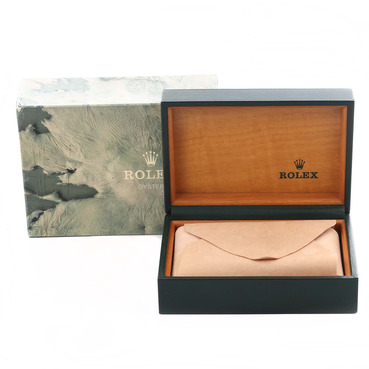 The image shows a Rolex Date 15200 Men's Stainless Steel Blue Dial 15200 Men's Stainless Steel Blue Dial model box and pouch, viewed from the top.