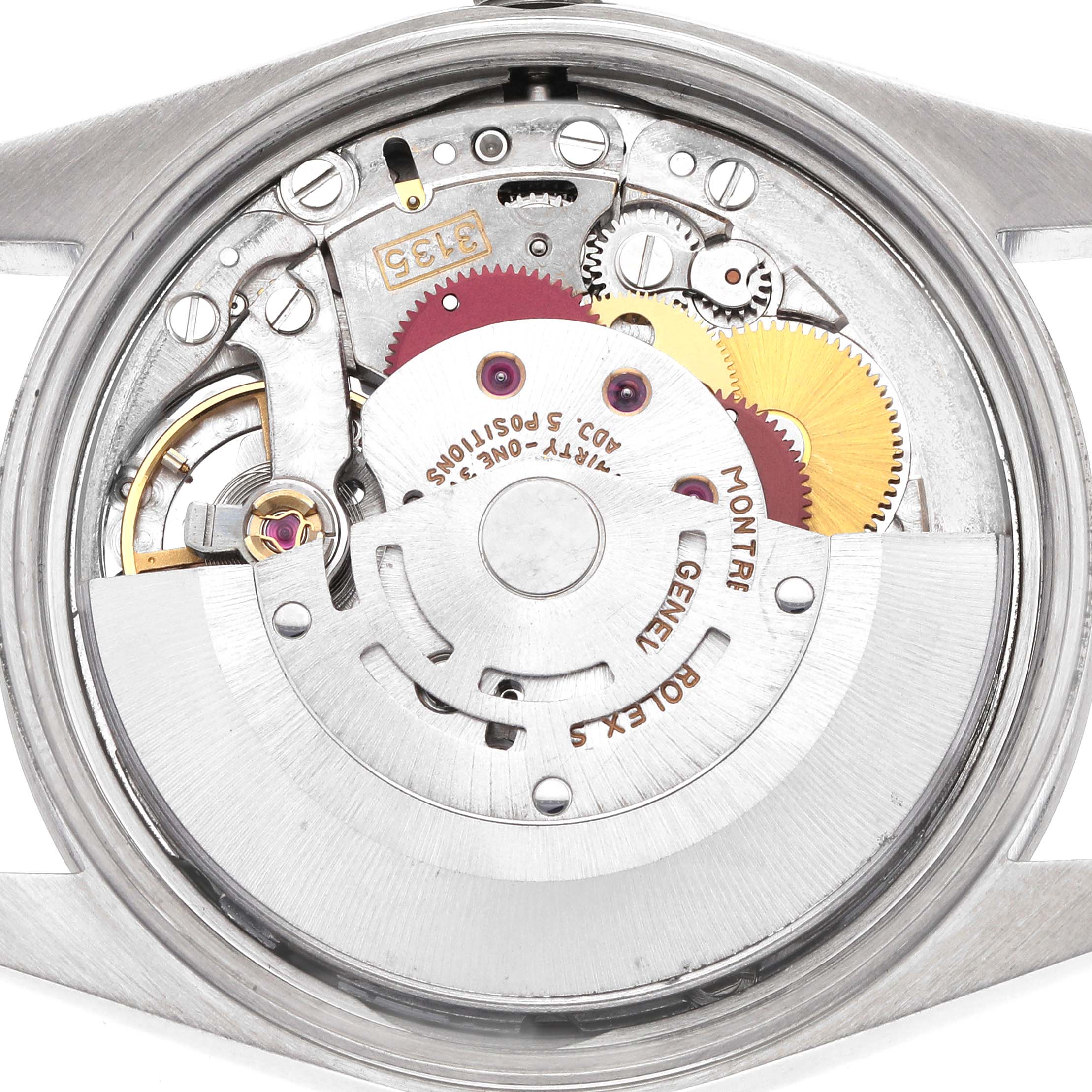 The image shows the Rolex Date 15200 Men's Stainless Steel Blue Dial 15200 Men's Stainless Steel Blue Dial model's movement from a back angle, highlighting gears and the rotor mechanism.