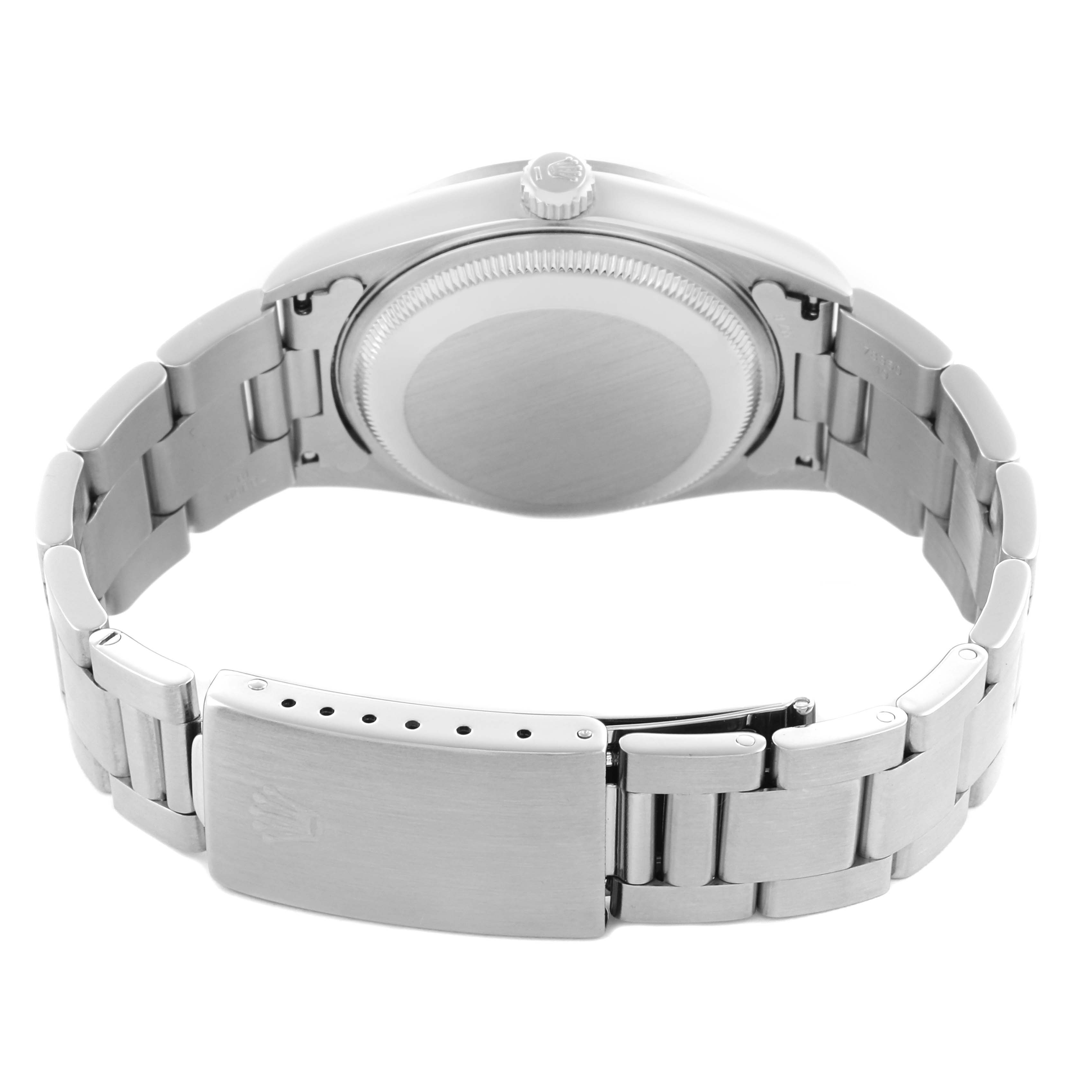 The image shows the back view of a Rolex Date 15200 Men's Stainless Steel Blue Dial 15200 Men's Stainless Steel Blue Dial model watch, highlighting the case back, crown, and bracelet.