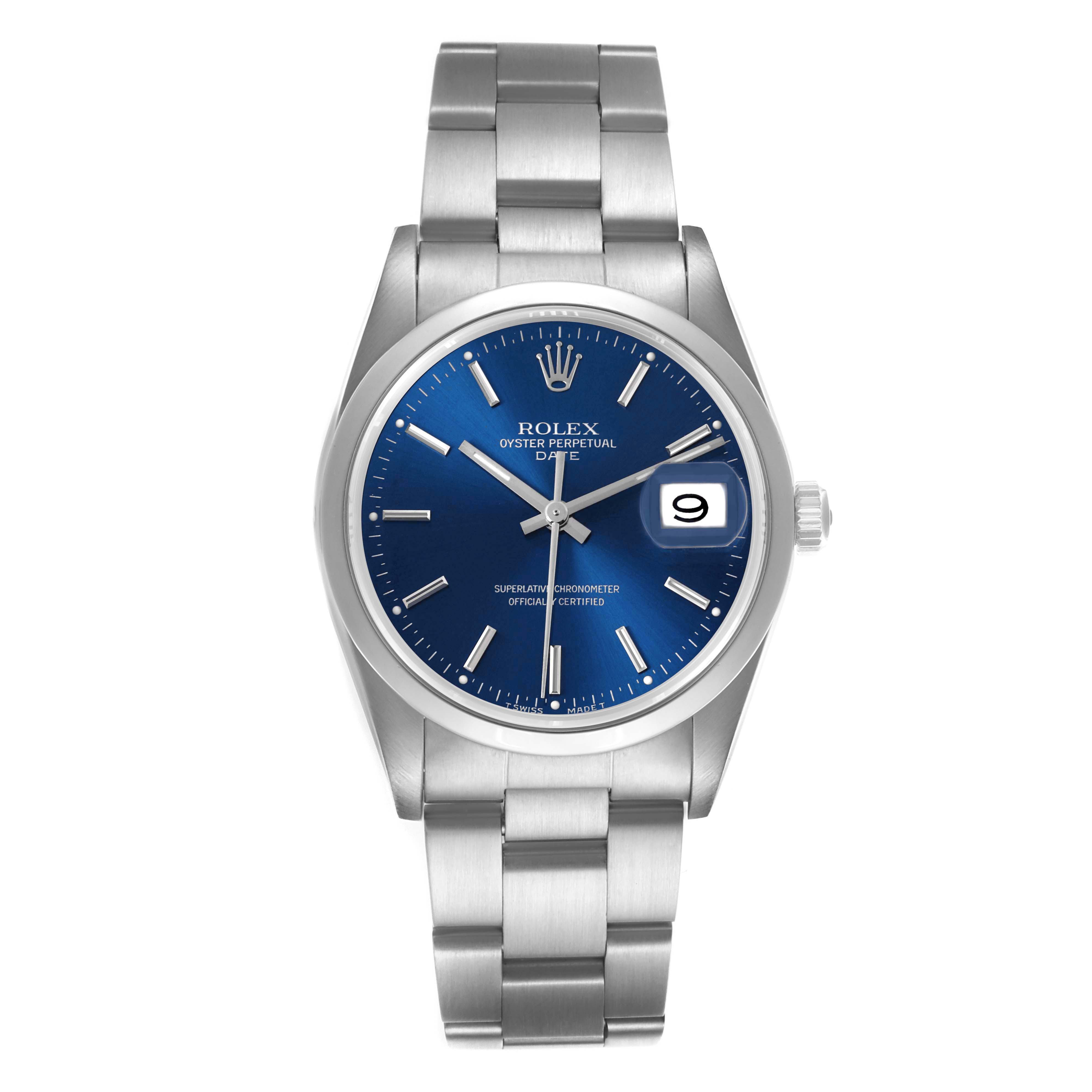The Rolex Date 15200 Men's Stainless Steel Blue Dial 15200 Men's Stainless Steel Blue Dial model is shown from the front, displaying the watch face, bracelet, and crown.