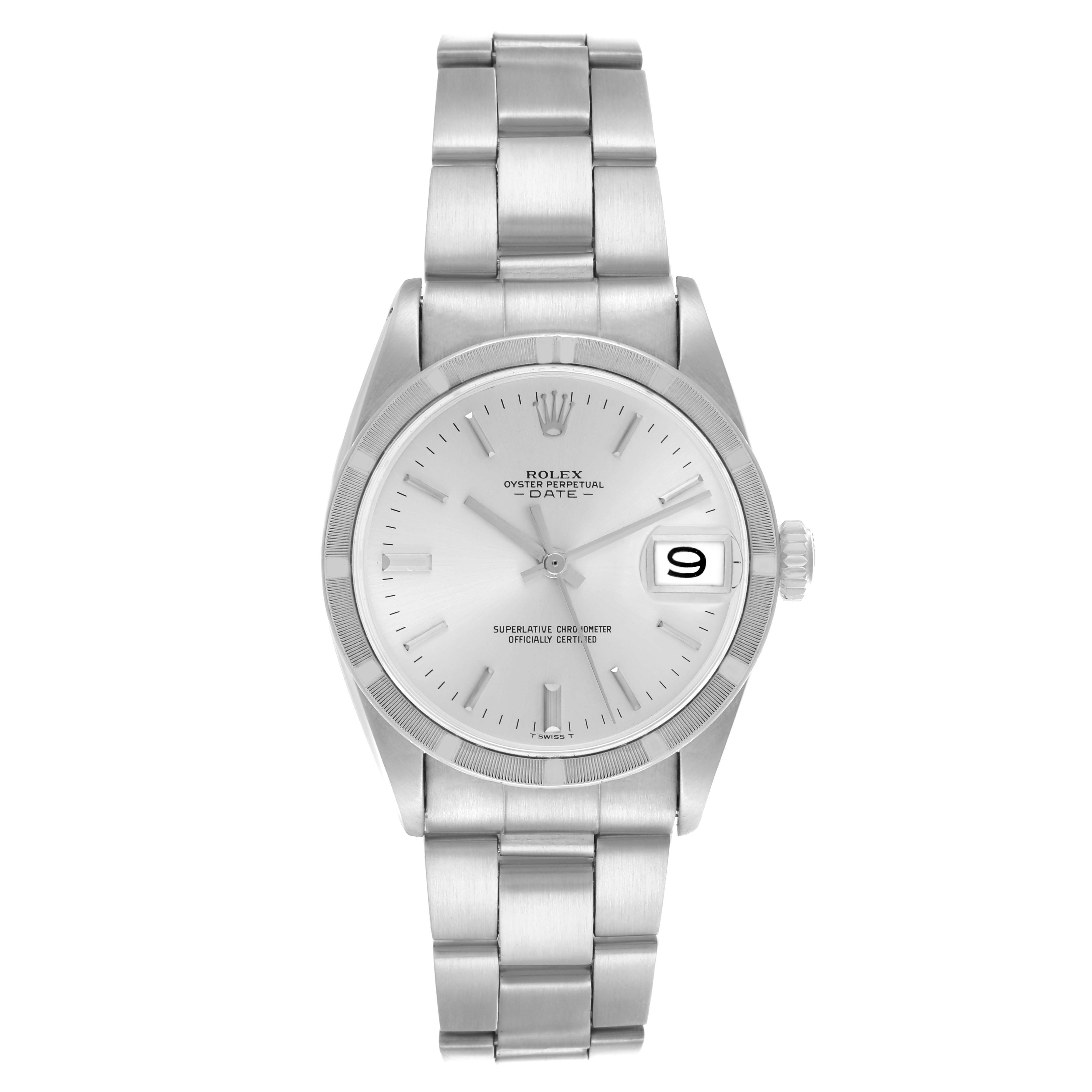 The Rolex Date 1501 Men's Stainless Steel Silver Dial 1501 Men's Stainless Steel Silver Dial model watch is shown from a top-down angle, highlighting the dial, bracelet, and bezel.