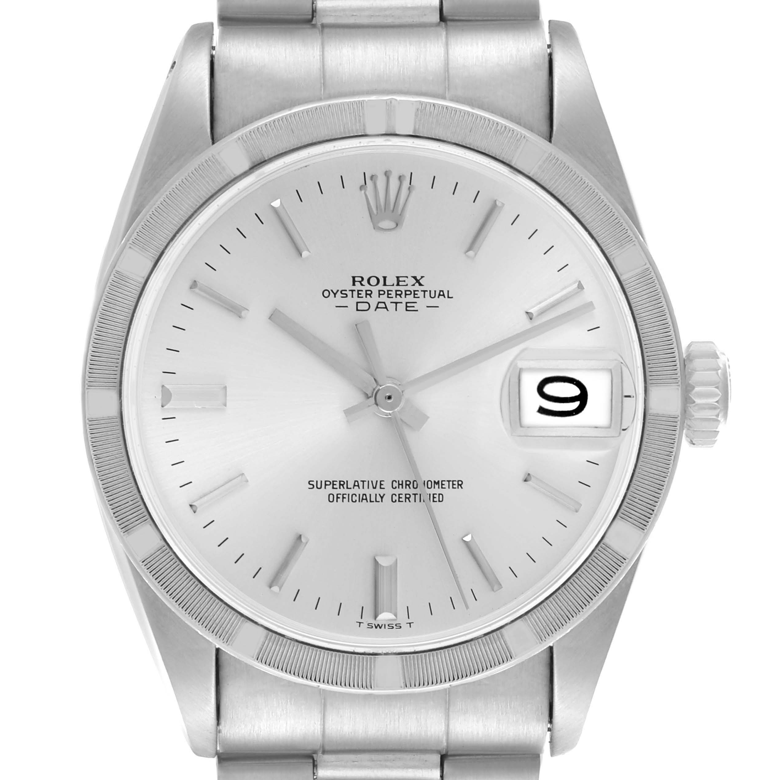 The Rolex Date 1501 Men's Stainless Steel Silver Dial 1501 Men's Stainless Steel Silver Dial watch is shown from the front, displaying its dial, hands, bezel, and bracelet.