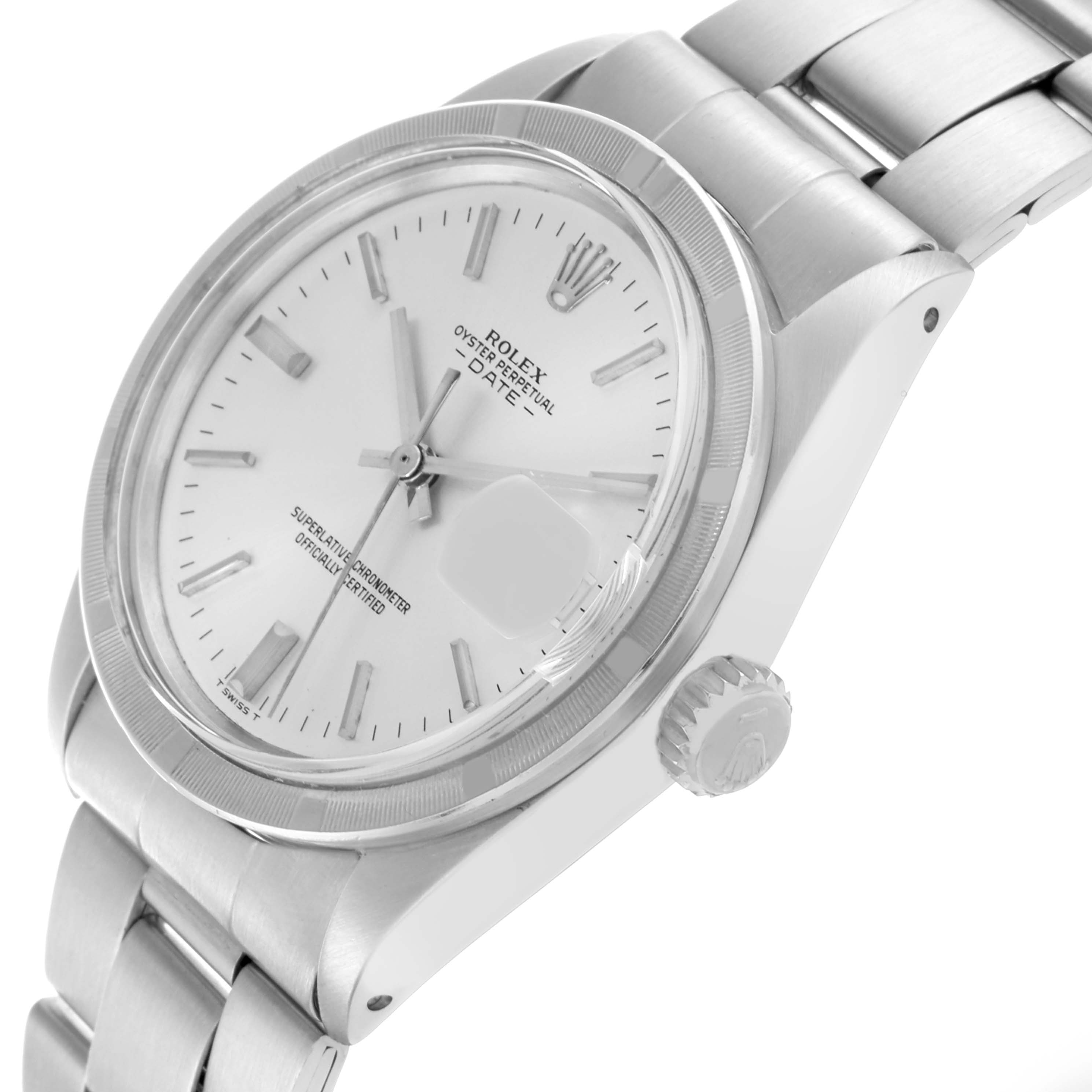 The Rolex Date 1501 Men's Stainless Steel Silver Dial 1501 Men's Stainless Steel Silver Dial model is shown from a tilted angle, highlighting the dial, crown, and part of the bracelet.