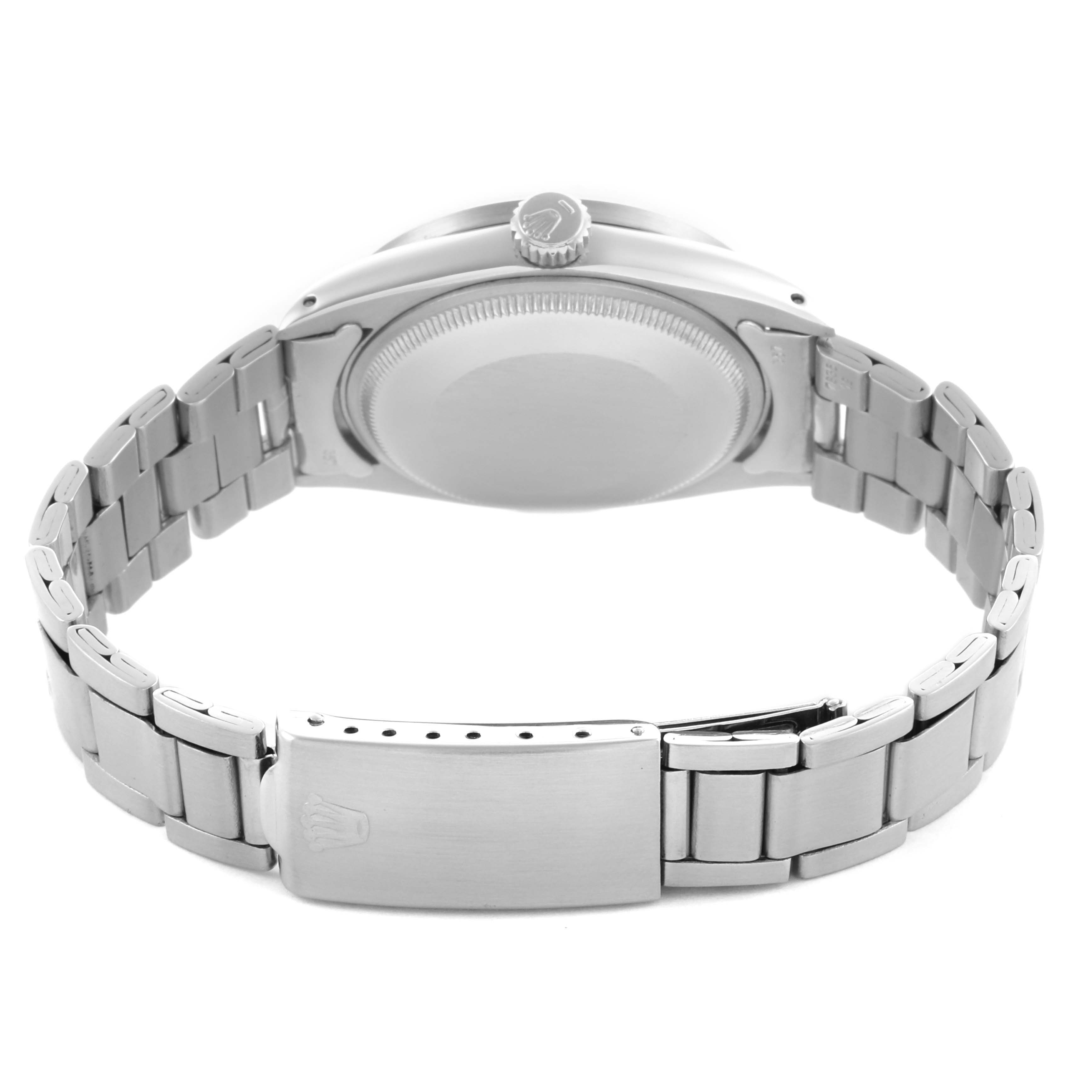 The image shows the back view of a Rolex Date 1501 Men's Stainless Steel Silver Dial 1501 Men's Stainless Steel Silver Dial watch, focusing on the bracelet and clasp.