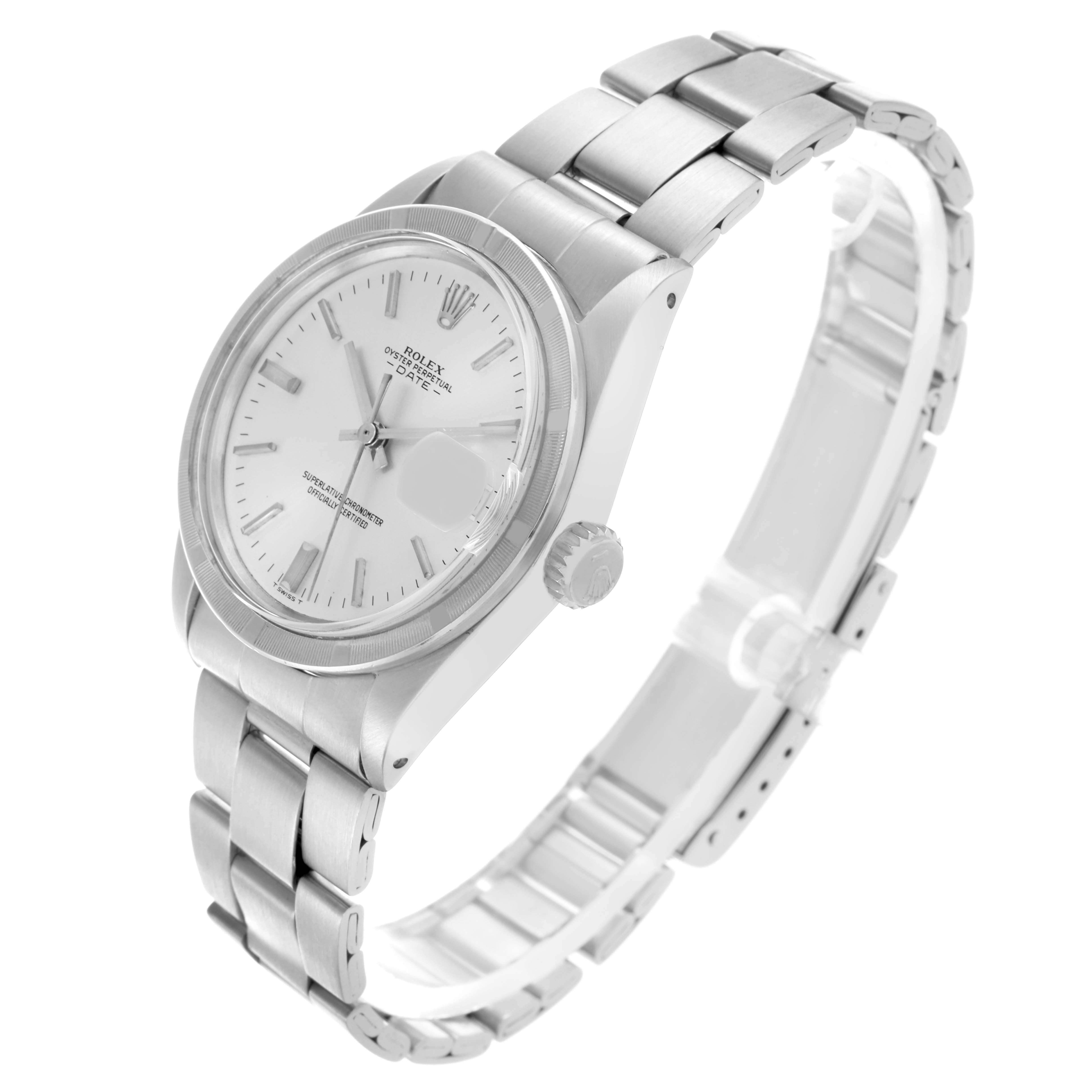 The Rolex Date 1501 Men's Stainless Steel Silver Dial 1501 Men's Stainless Steel Silver Dial watch is shown at a three-quarter angle, highlighting the dial, bezel, stainless steel bracelet, and crown.