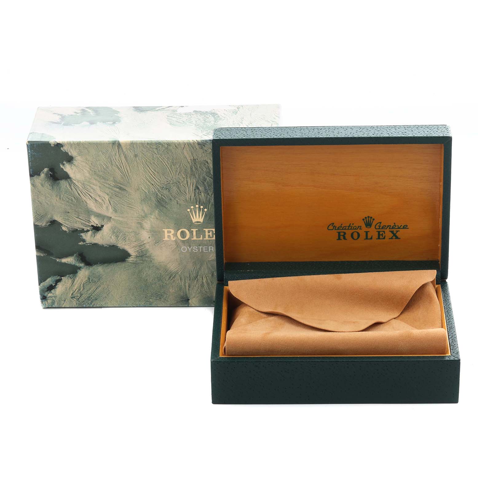 The image shows a Rolex Date 1501 Men's Stainless Steel Silver Dial 1501 Men's Stainless Steel Silver Dial watch box and outer packaging, with the inner watch cushion visible.