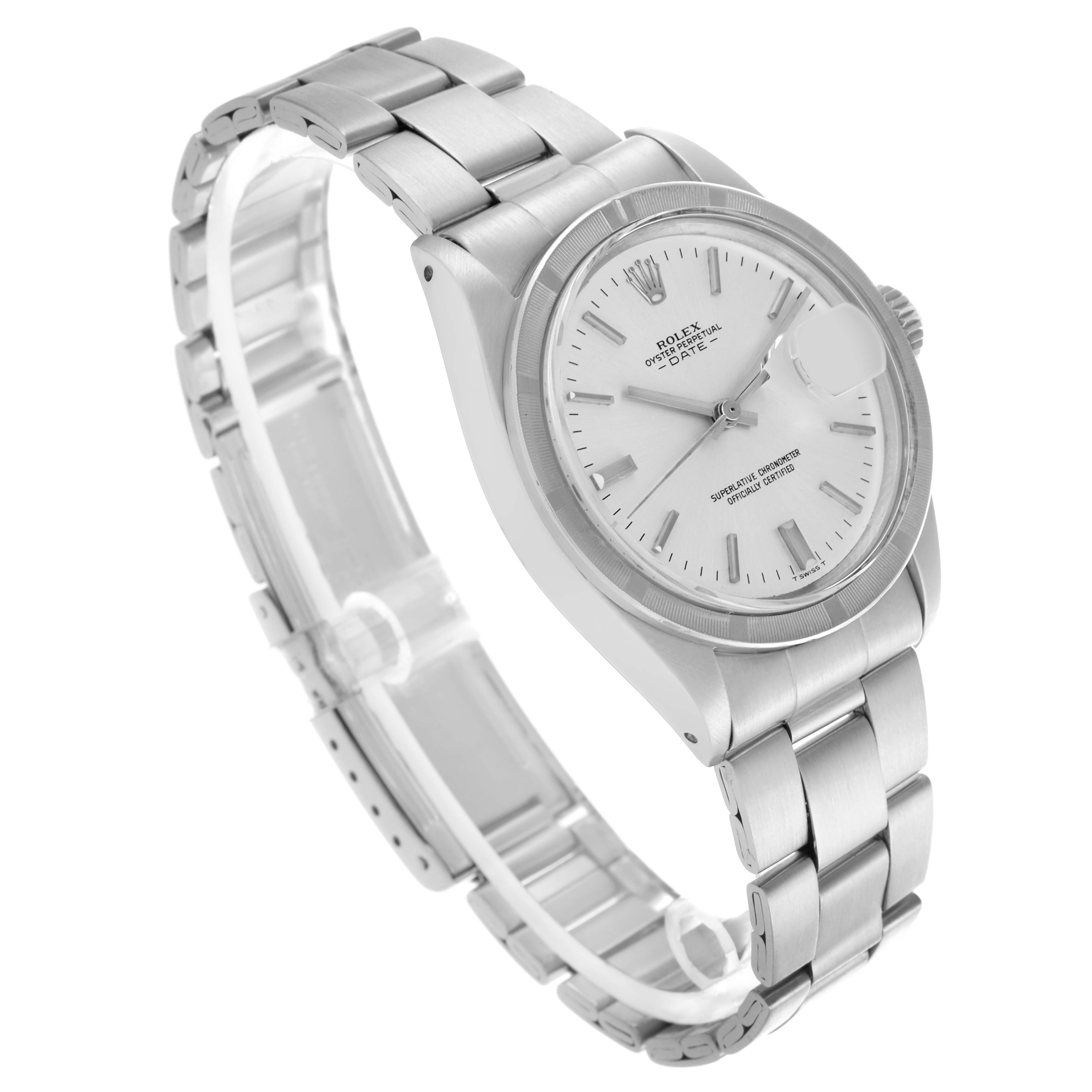 The Rolex Date 1501 Men's Stainless Steel Silver Dial 1501 Men's Stainless Steel Silver Dial model is shown at a three-quarter angle, displaying the dial, bezel, crown, and a portion of the bracelet.