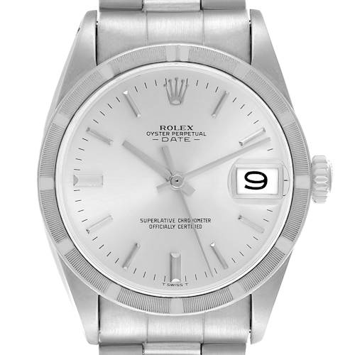 The Rolex Date model watch is shown from a front angle, displaying the dial, bezel, and part of the bracelet.