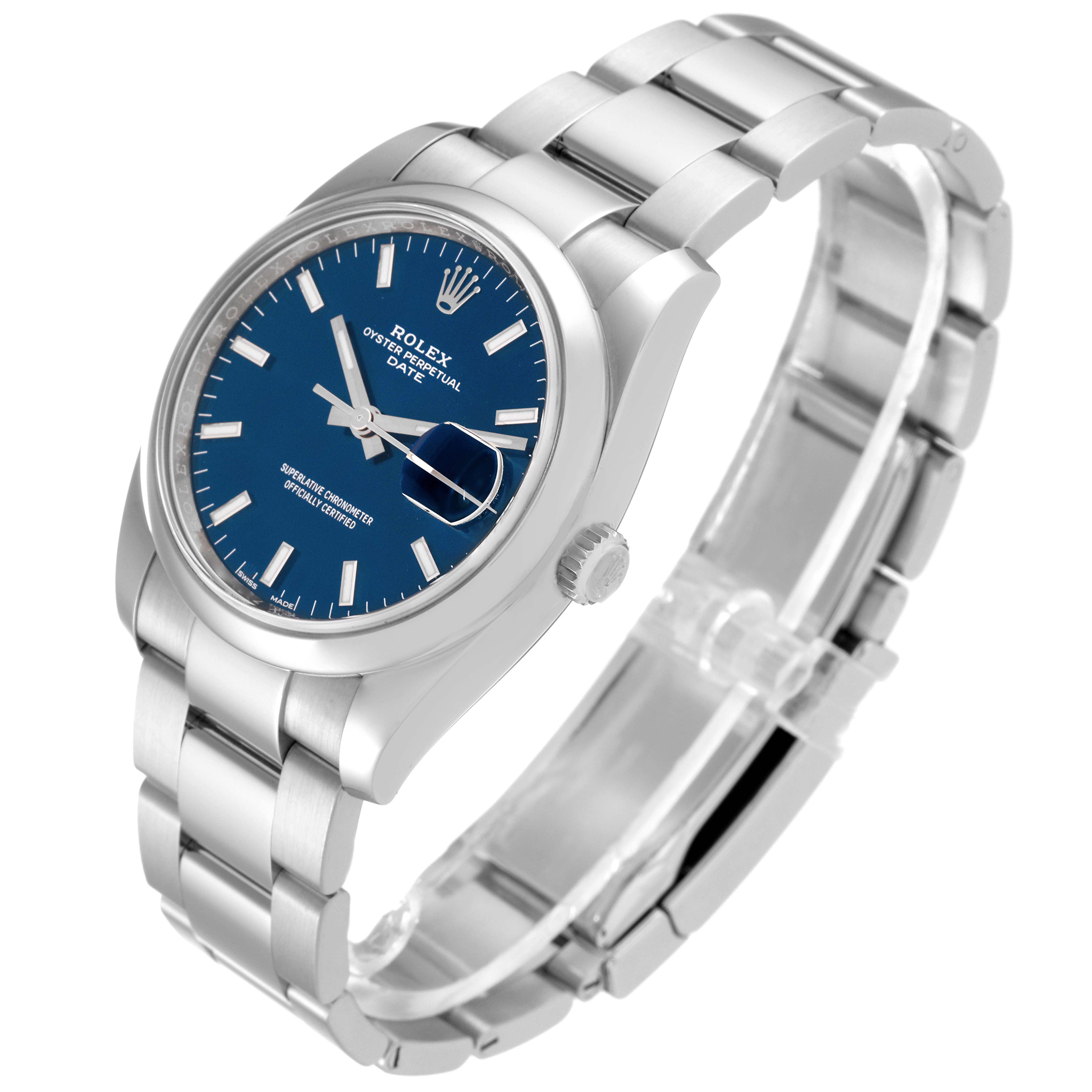 The Rolex Date 115200 Men's Stainless Steel Blue Dial 115200 Men's Stainless Steel Blue Dial watch is shown at an angle that highlights the face, bracelet, and crown.