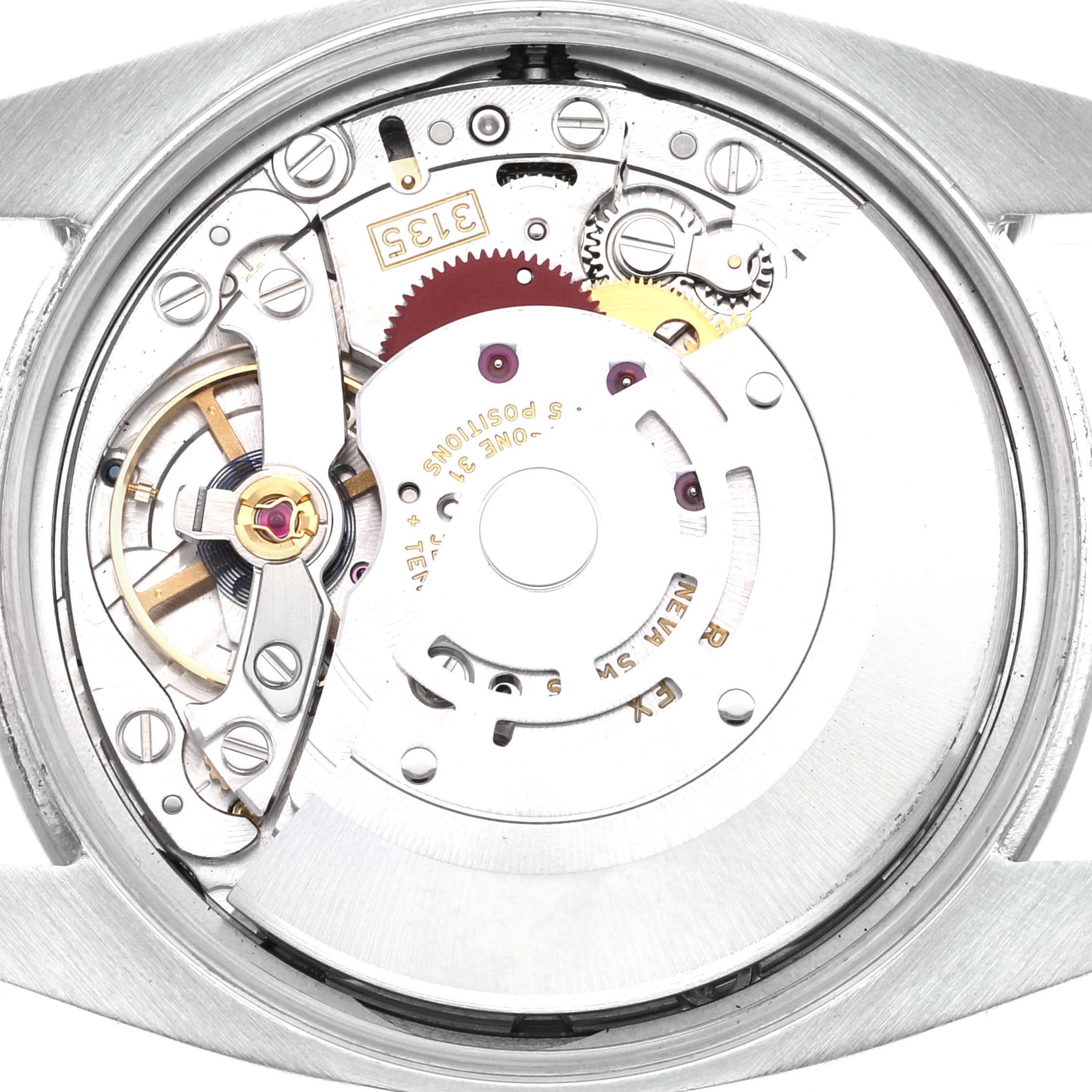 This image shows the internal movement mechanism of a Rolex Date 115200 Men's Stainless Steel Blue Dial 115200 Men's Stainless Steel Blue Dial model watch, viewed from the back.