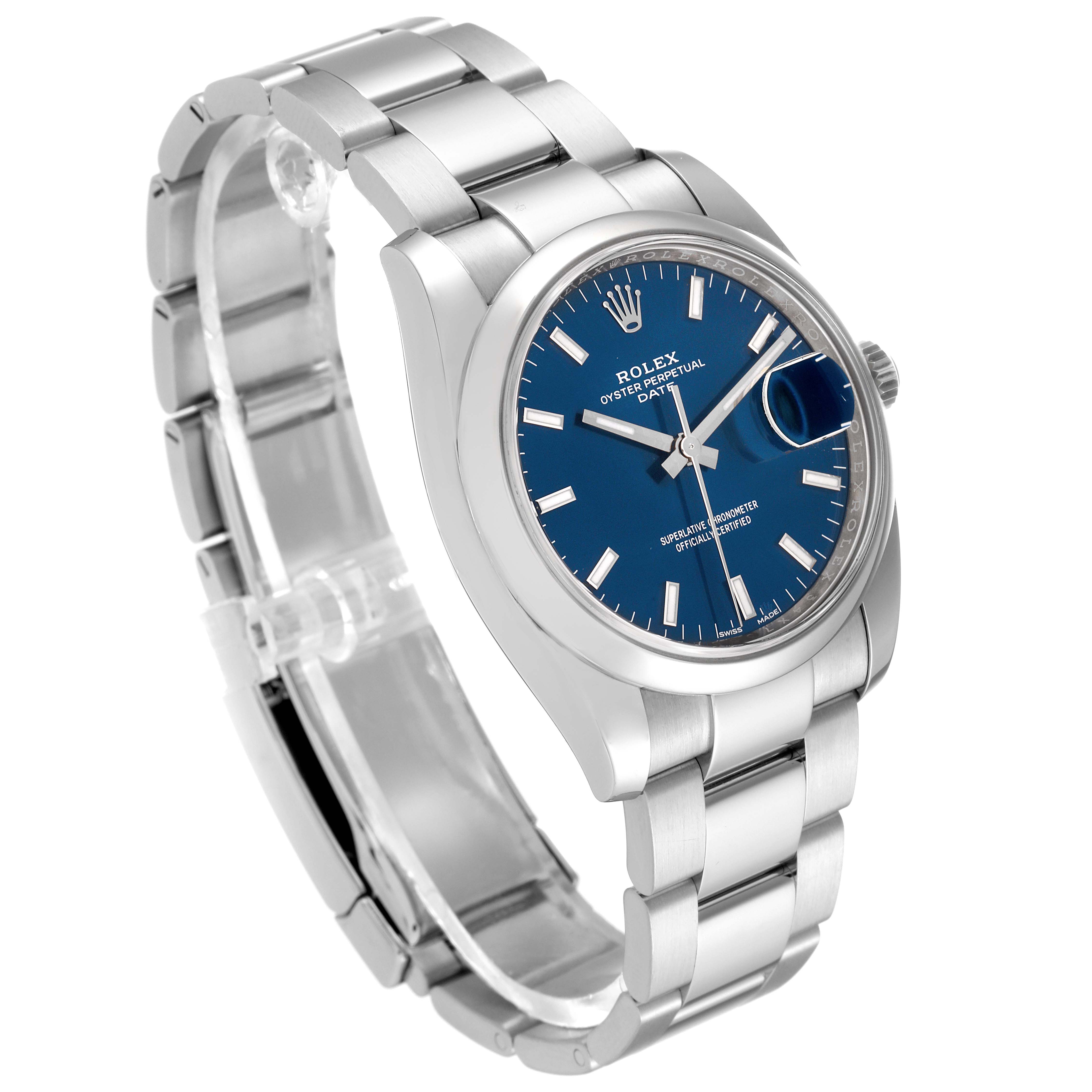 The image shows a Rolex Date 115200 Men's Stainless Steel Blue Dial 115200 Men's Stainless Steel Blue Dial model watch with a blue dial, viewed from an angle displaying the face and bracelet.