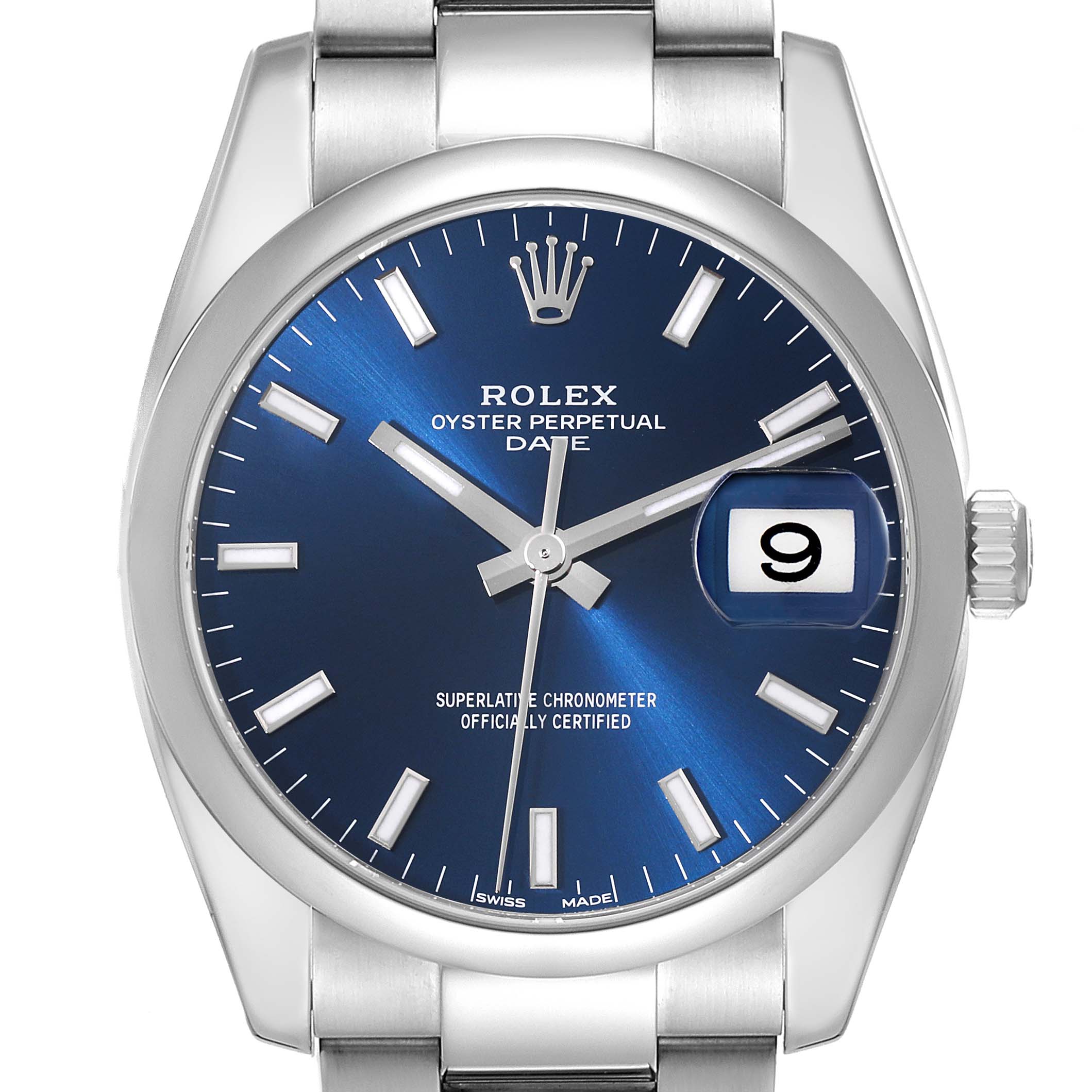 This image shows a front view of the Rolex Date 115200 Men's Stainless Steel Blue Dial 115200 Men's Stainless Steel Blue Dial model watch, highlighting the dial, date window, and crown.