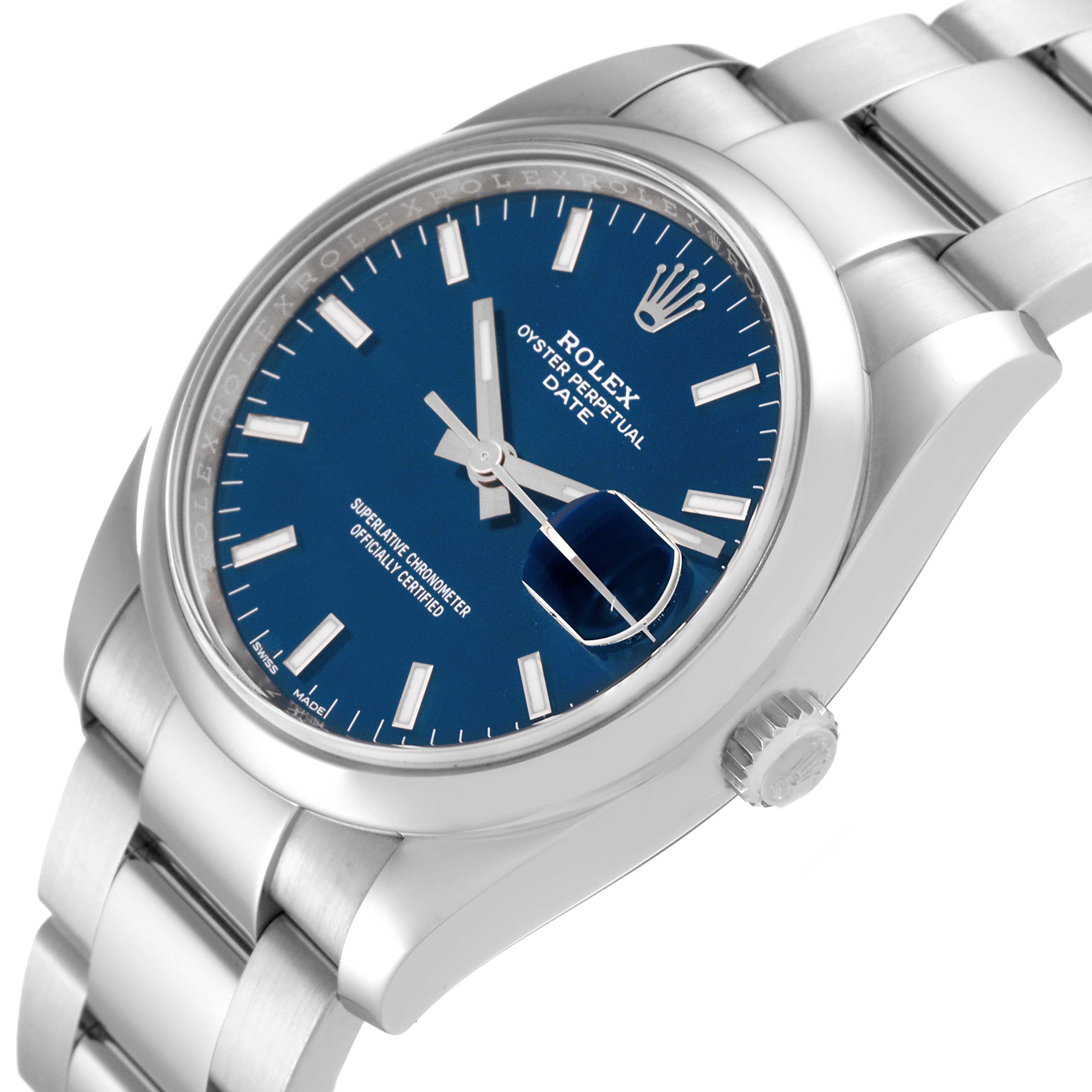 The image shows a Rolex Date 115200 Men's Stainless Steel Blue Dial 115200 Men's Stainless Steel Blue Dial model watch from a slight angle, highlighting the blue dial, bracelet, and crown.