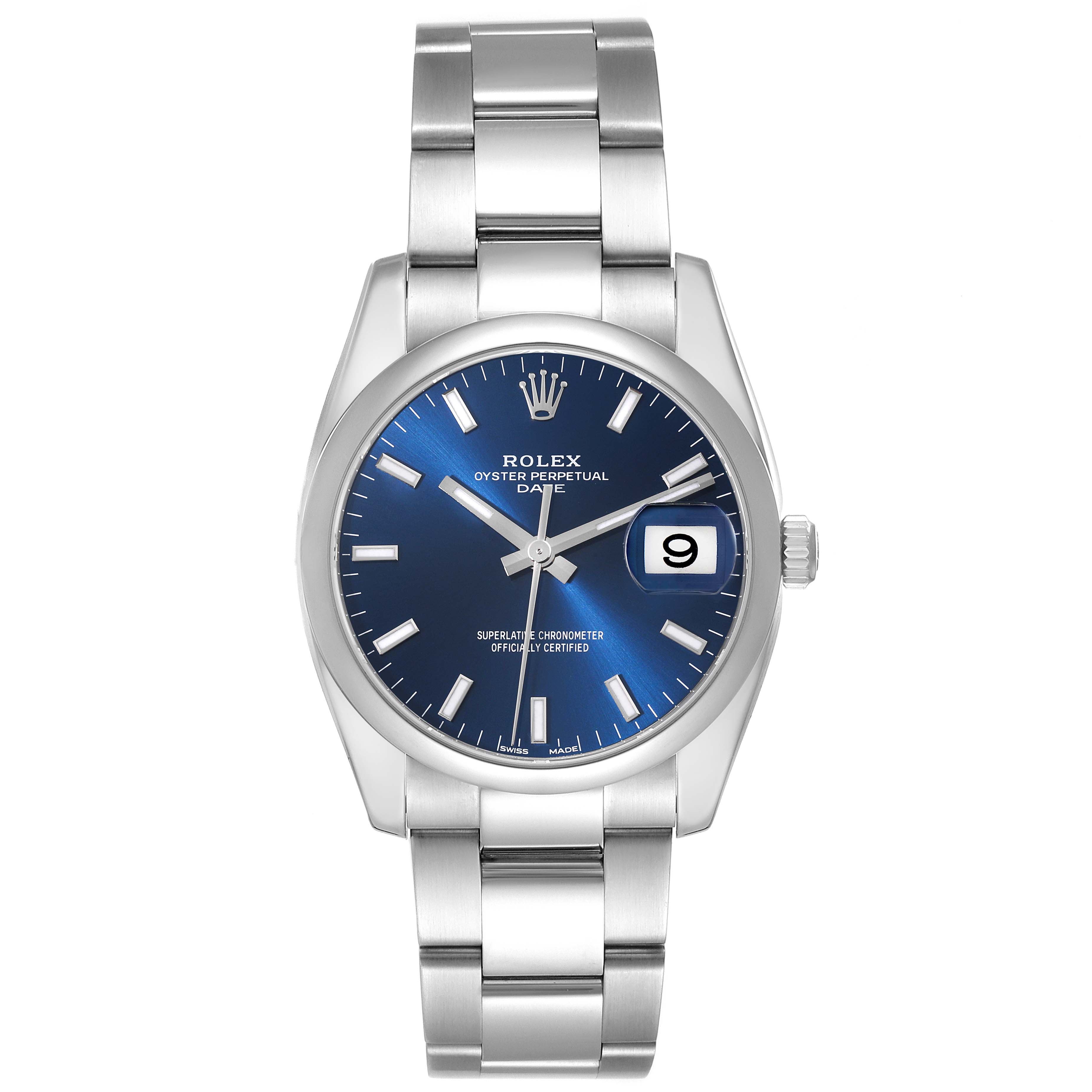 This is a front view of a Rolex Date 115200 Men's Stainless Steel Blue Dial 115200 Men's Stainless Steel Blue Dial model watch, showcasing its blue dial, date window, and stainless steel bracelet.