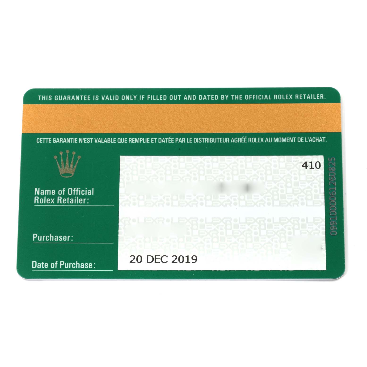 This image shows a warranty card for a Rolex Date 115200 Men's Stainless Steel Blue Dial 115200 Men's Stainless Steel Blue Dial model watch, displaying purchase details and the retailer's information.