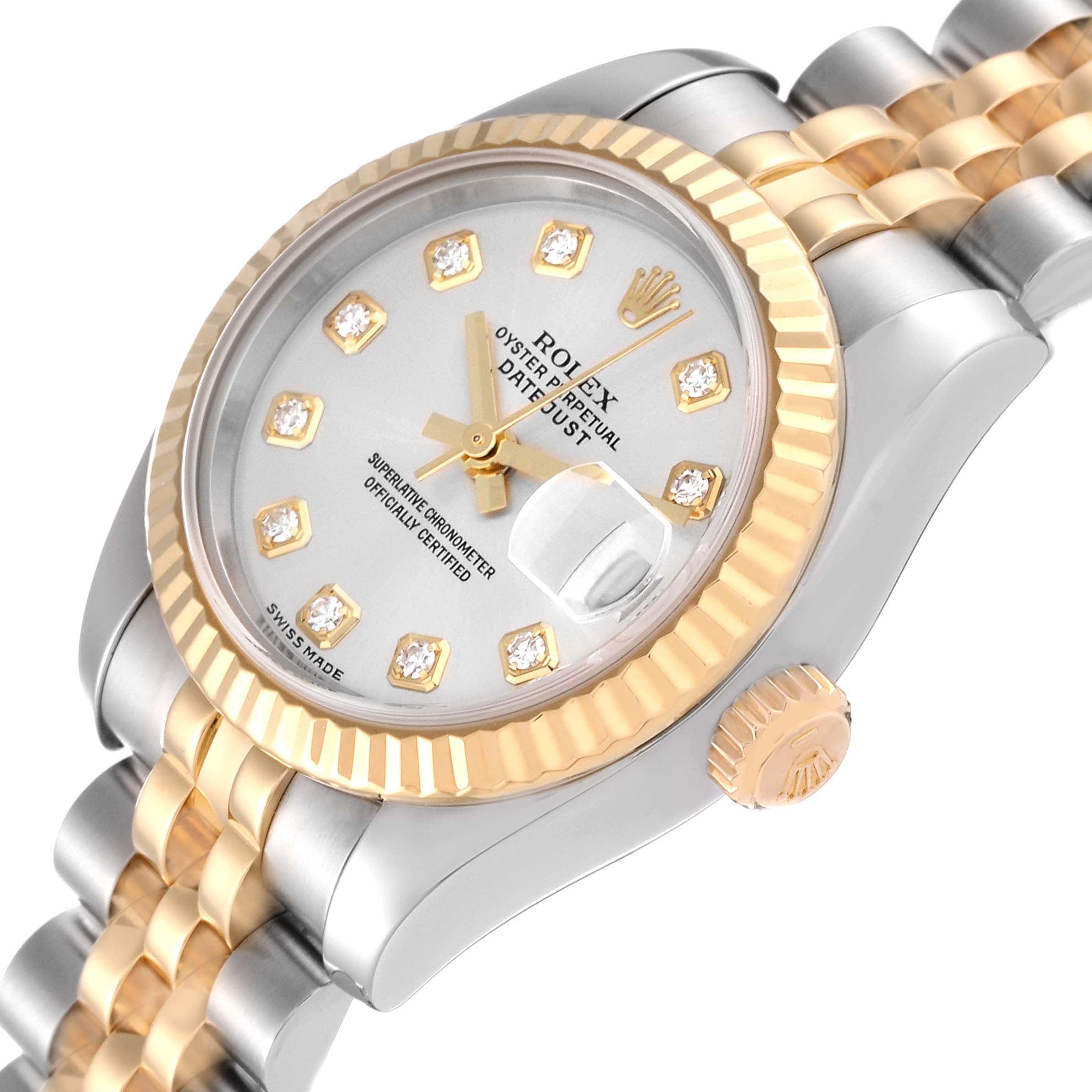 The image shows a close-up angle of a Rolex Datejust 179173 Women's Steel and Gold (two tone) Silver Dial 179173 Women's Steel and Gold (two tone) Silver Dial watch, highlighting the face, bezel, crown, and part of the bracelet.