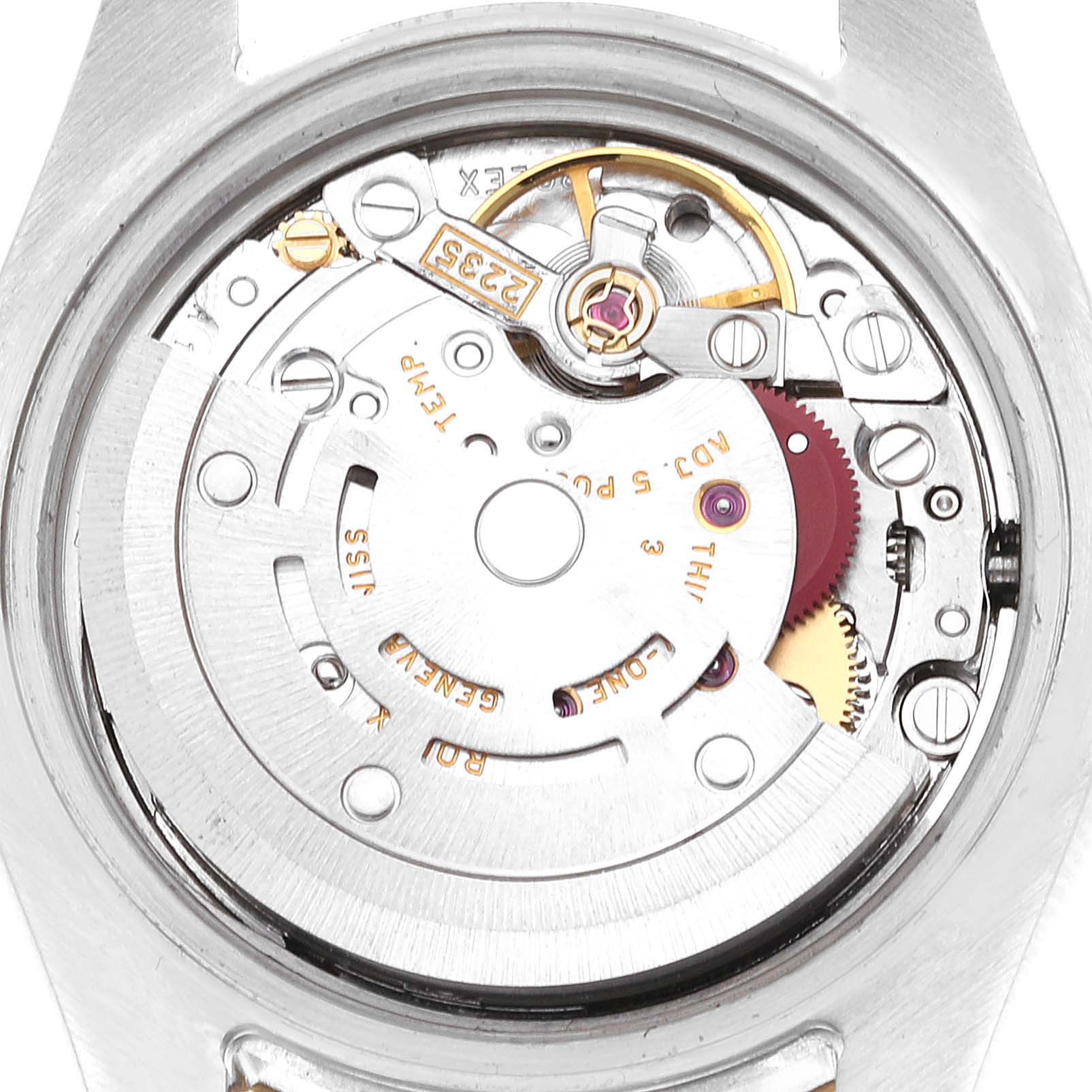 The image shows a close-up view of the movement mechanism inside a Rolex Datejust 179173 Women's Steel and Gold (two tone) Silver Dial 179173 Women's Steel and Gold (two tone) Silver Dial watch.