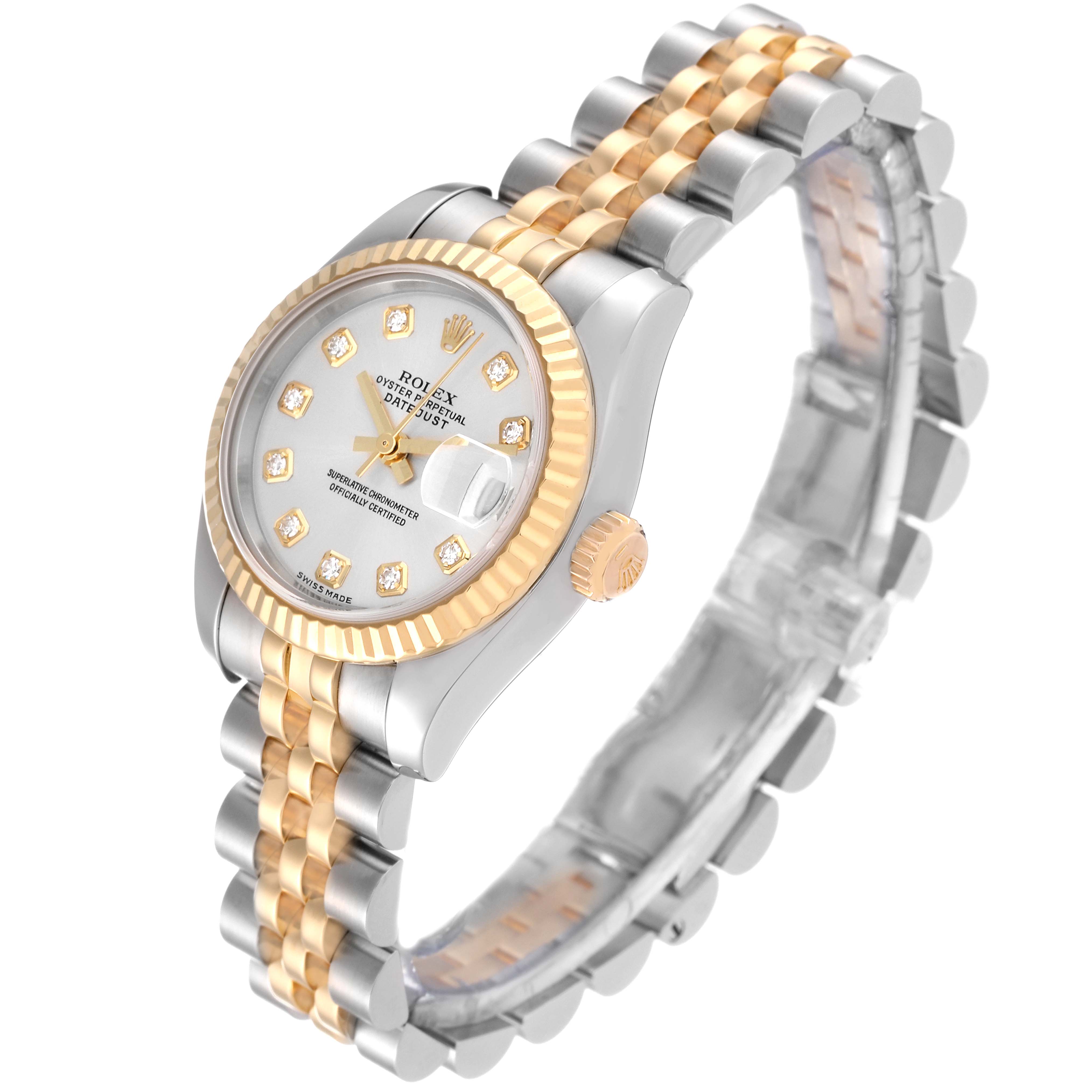 The Rolex Datejust 179173 Women's Steel and Gold (two tone) Silver Dial 179173 Women's Steel and Gold (two tone) Silver Dial watch is shown at an angled view highlighting its dial, bezel, crown, and bracelet.