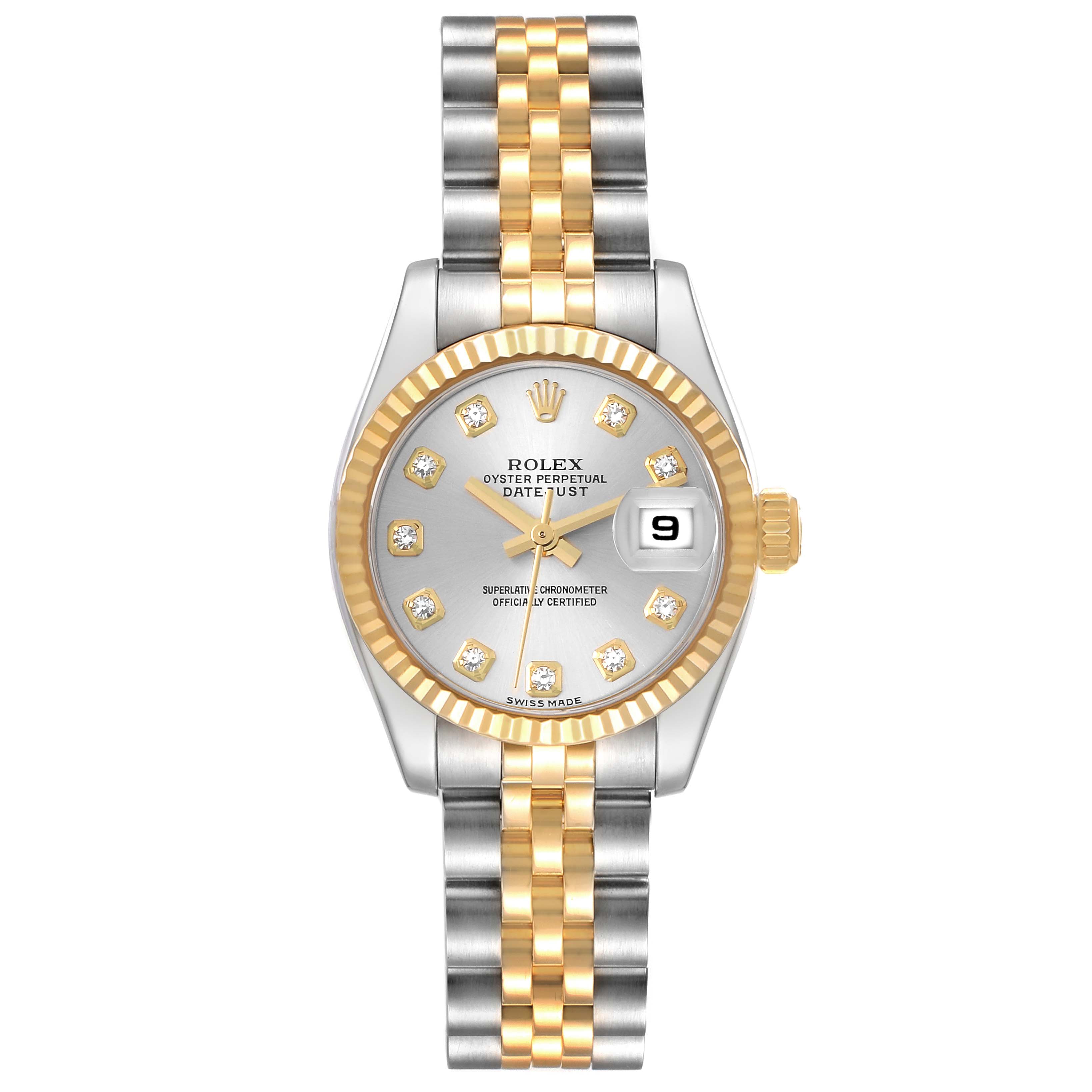 This is a top view of a Rolex Datejust 179173 Women's Steel and Gold (two tone) Silver Dial 179173 Women's Steel and Gold (two tone) Silver Dial watch featuring a two-tone bracelet, fluted bezel, and a date display at 3 o'clock.