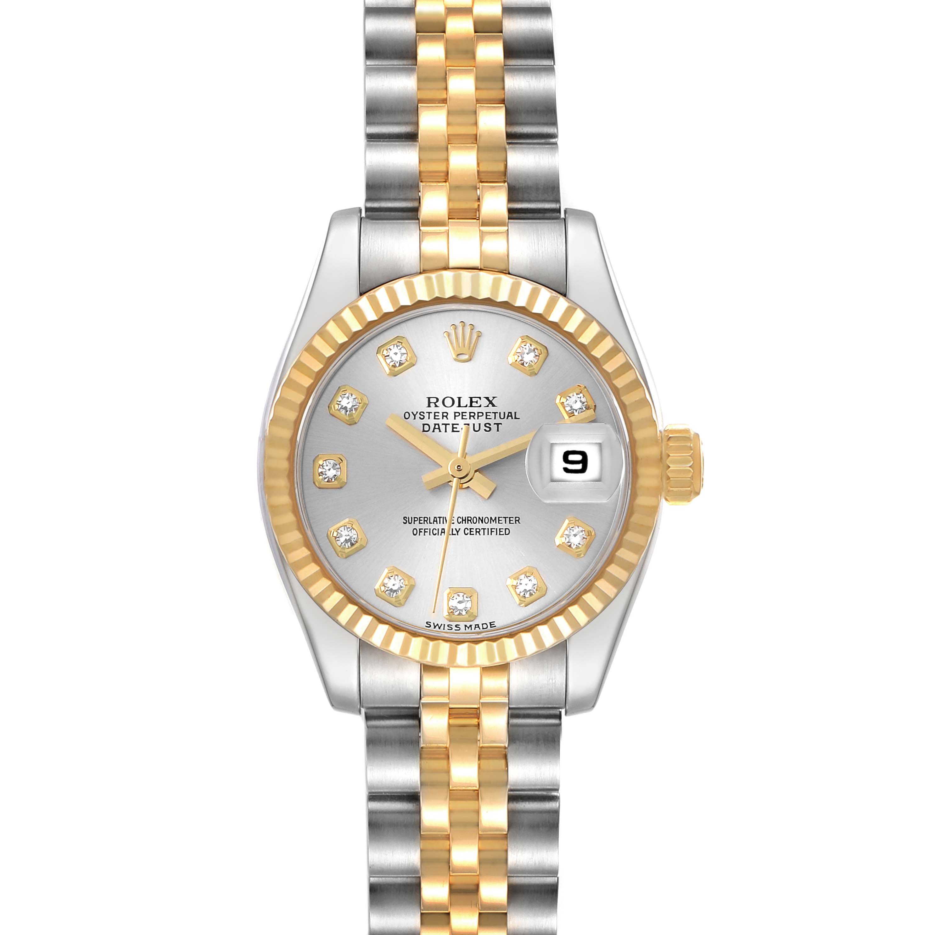 This is a front view of the Rolex Datejust 179173 Women's Steel and Gold (two tone) Silver Dial 179173 Women's Steel and Gold (two tone) Silver Dial watch, showing the face, bezel, crown, and bracelet.