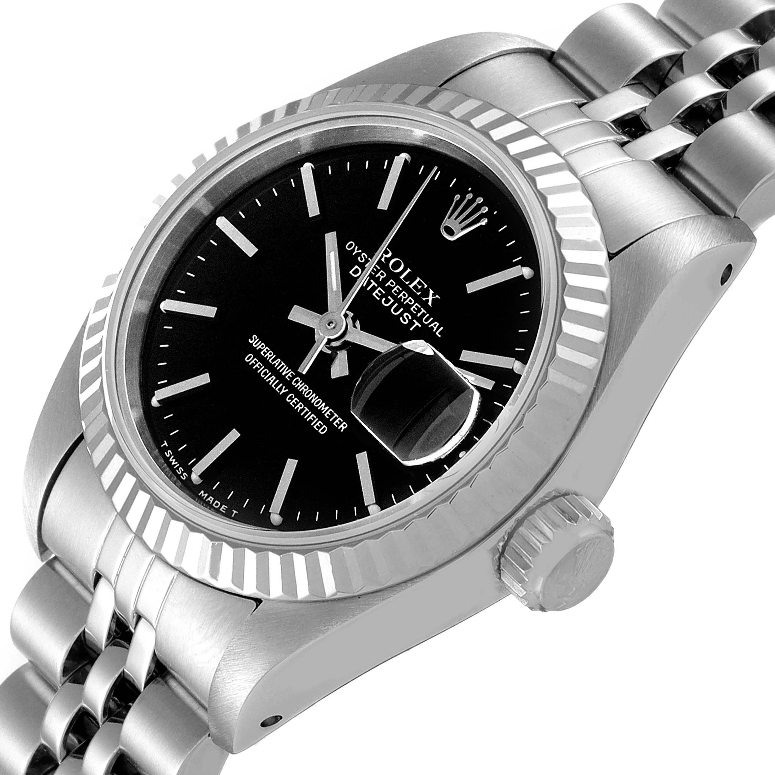 This image shows a close-up angle of the Rolex Datejust 69174 Women's Stainless Steel Black Dial 69174 Women's Stainless Steel Black Dial watch focusing on the dial, bezel, crown, and part of the bracelet.