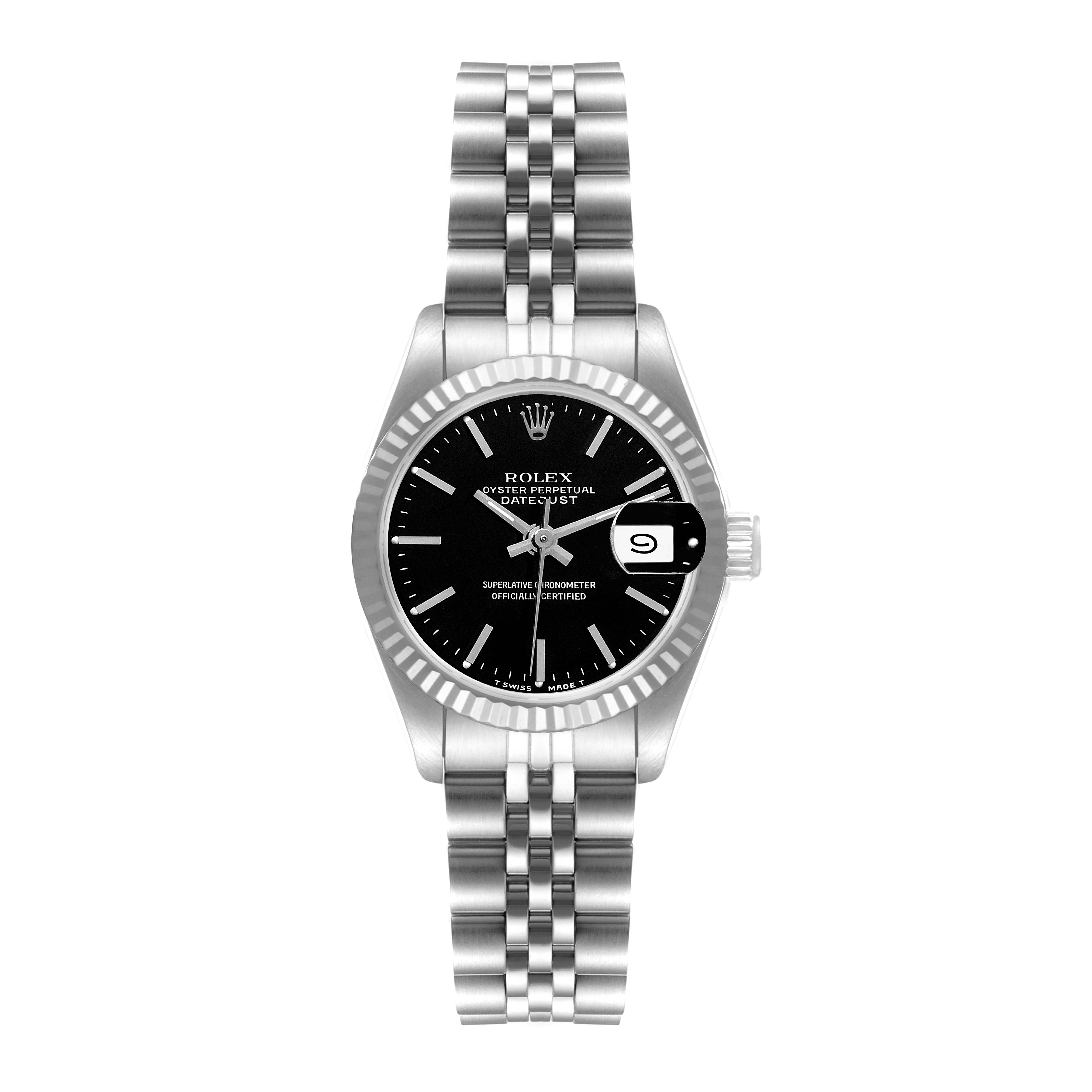 The Rolex Datejust 69174 Women's Stainless Steel Black Dial 69174 Women's Stainless Steel Black Dial watch is shown from a front angle, displaying the full dial, bezel, and bracelet.
