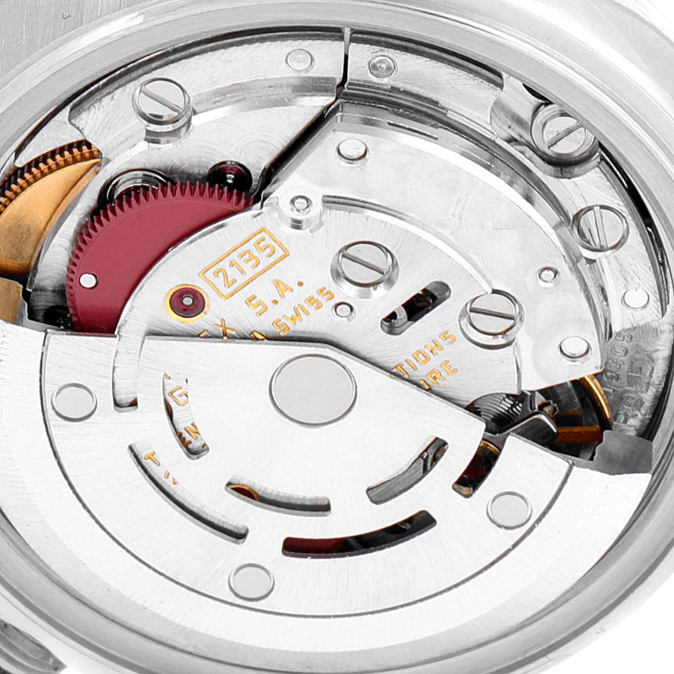 The image shows a detailed close-up of the movement mechanism inside a Rolex Datejust 69174 Women's Stainless Steel Black Dial 69174 Women's Stainless Steel Black Dial watch.