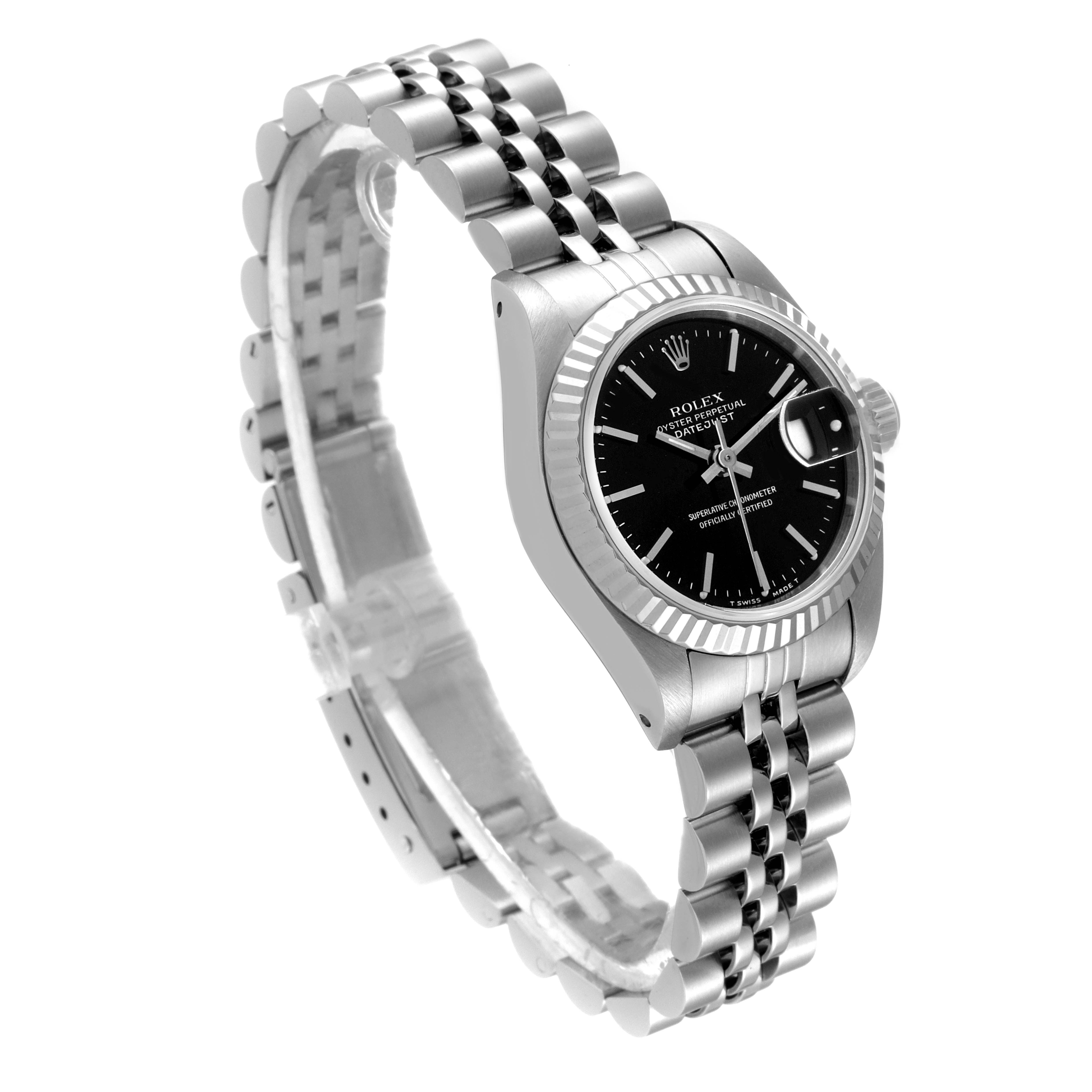 This image shows a Rolex Datejust 69174 Women's Stainless Steel Black Dial 69174 Women's Stainless Steel Black Dial watch at an angle highlighting its black dial and silver jubilee bracelet.
