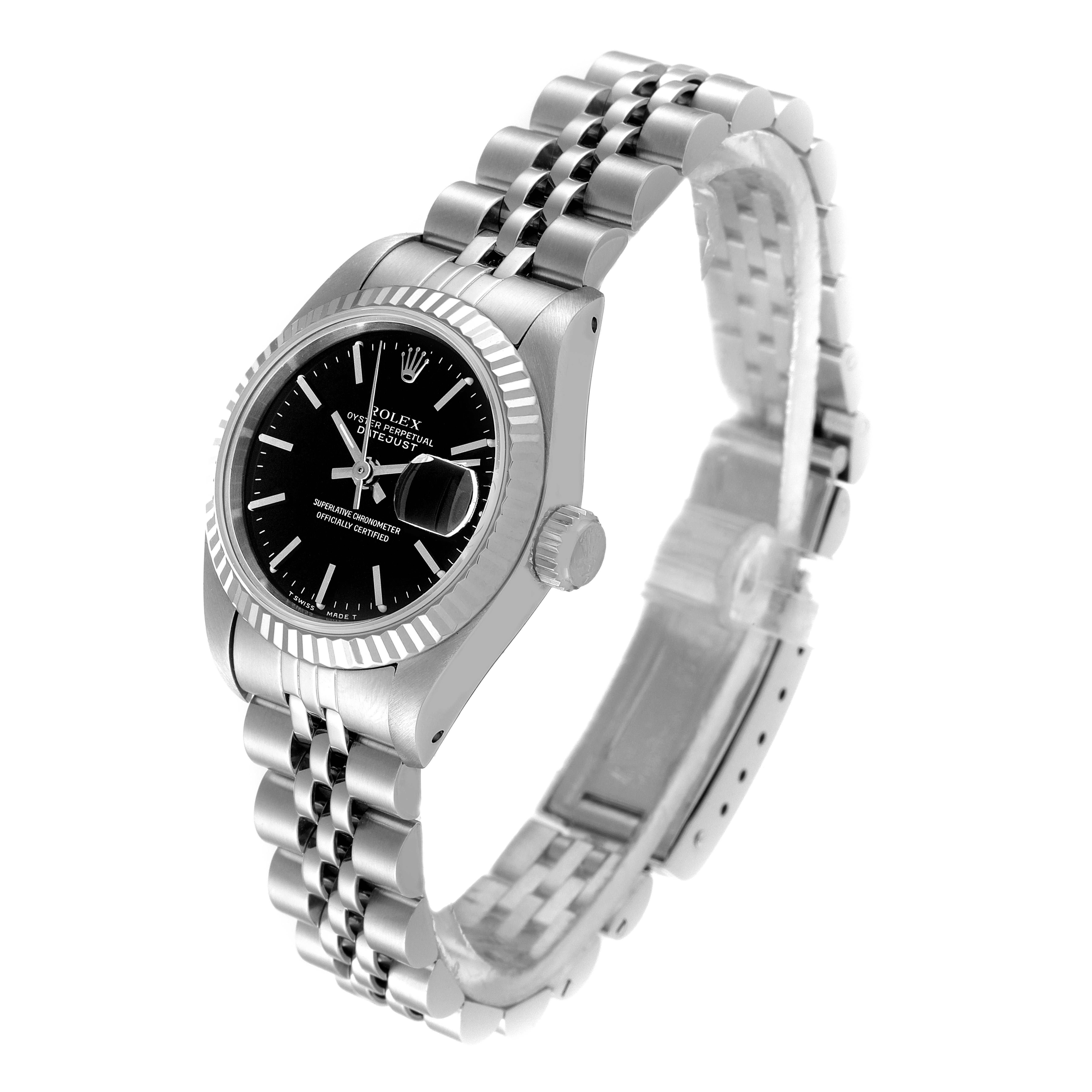 The Rolex Datejust 69174 Women's Stainless Steel Black Dial 69174 Women's Stainless Steel Black Dial watch is shown at a three-quarter angle, displaying the face, bezel, crown, and bracelet.