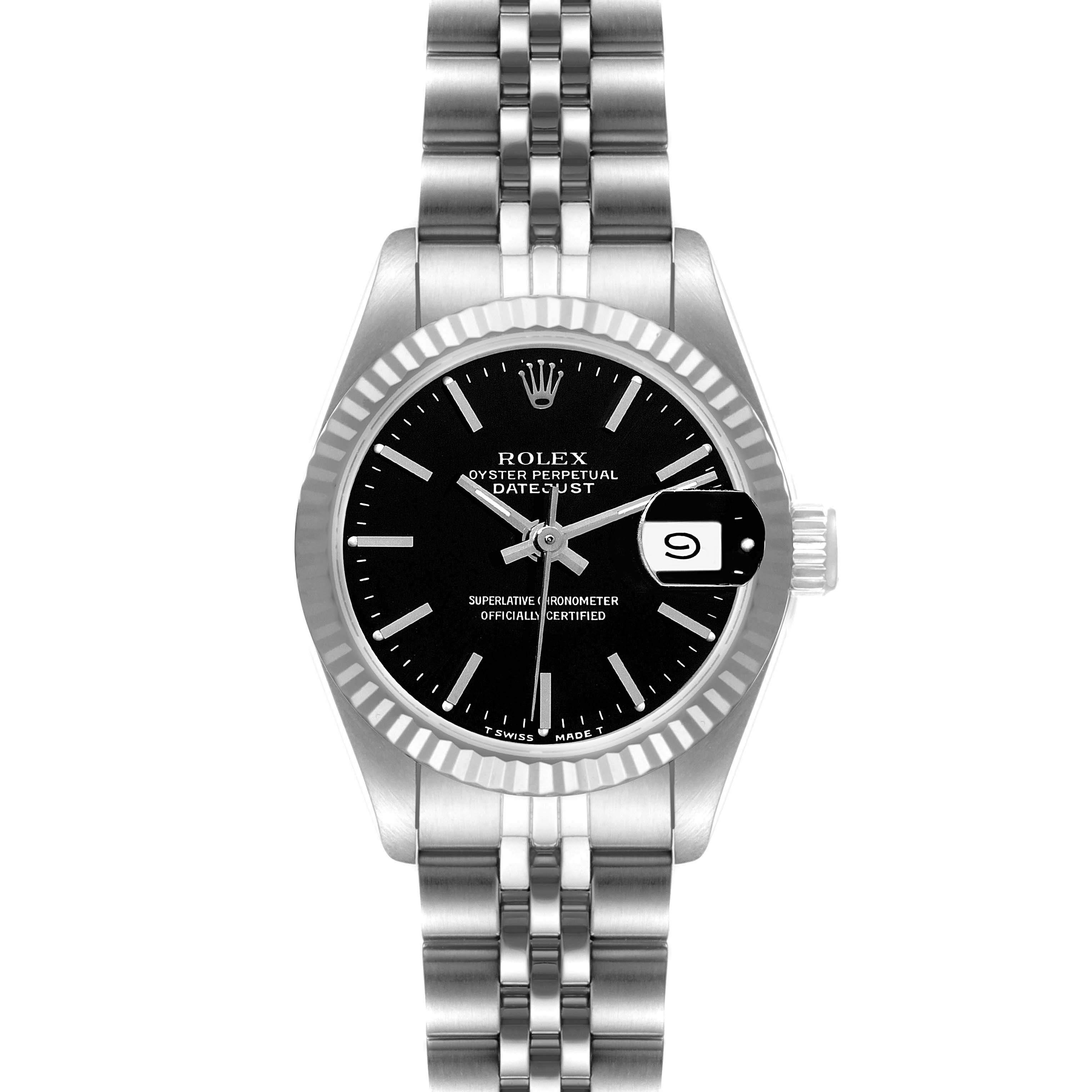 The image shows a front view of a Rolex Datejust 69174 Women's Stainless Steel Black Dial 69174 Women's Stainless Steel Black Dial watch, featuring the dial, bracelet, and fluted bezel.