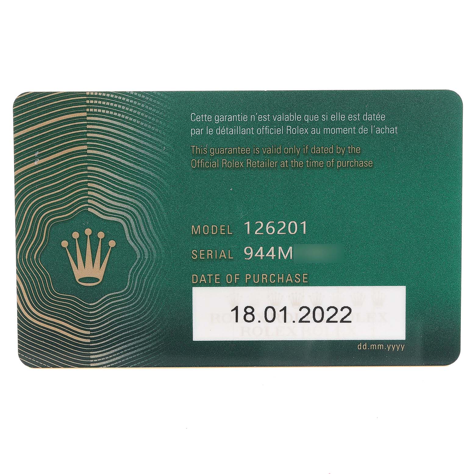 The image shows a Rolex guarantee card for a Datejust model, detailing the model number, serial number, and date of purchase.