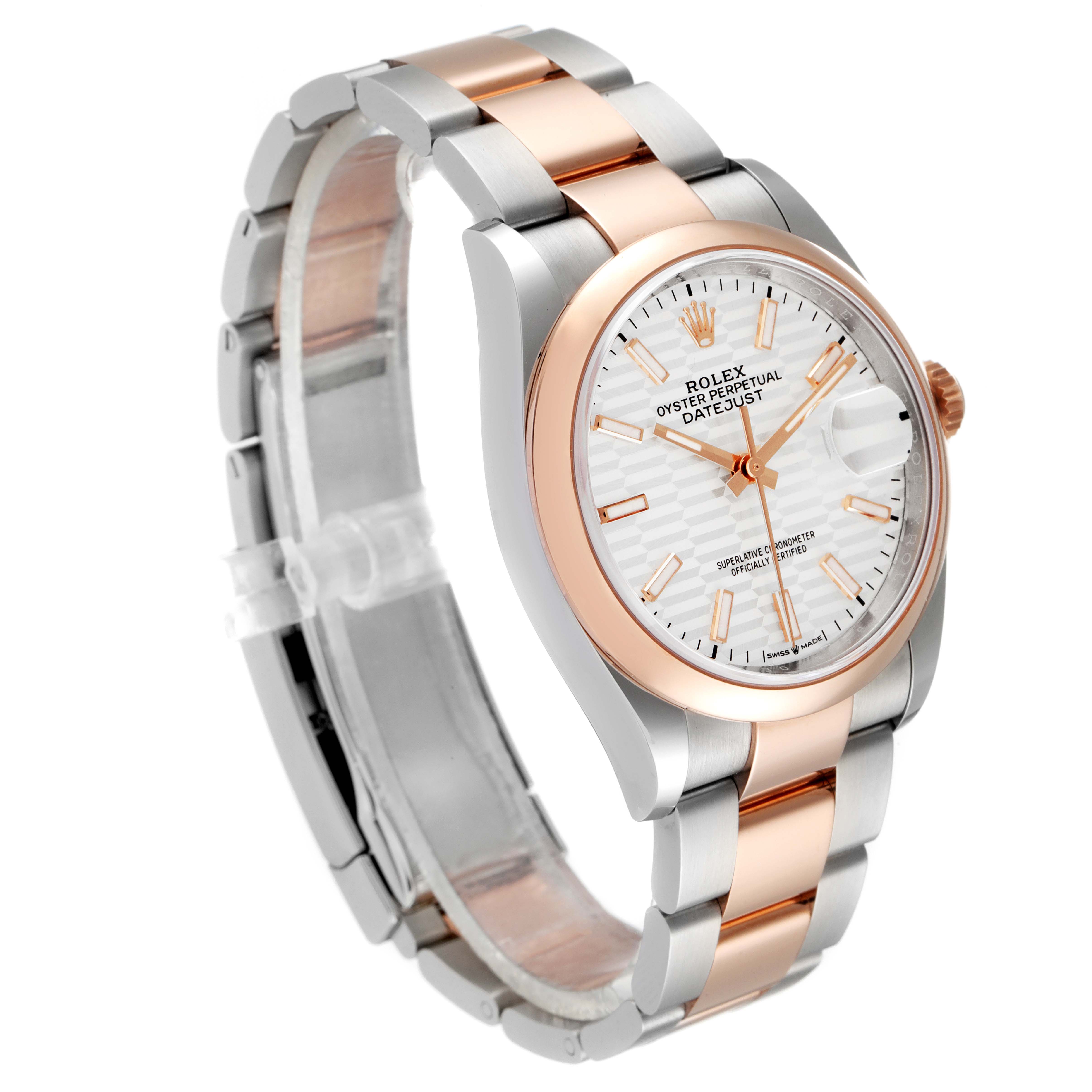 The image shows the Rolex Datejust 126201 Men
s Steel and Gold (two tone) Silver Dial 126201 Men
s Steel and Gold (two tone) Silver Dial watch at an angled side view, highlighting the face, bezel, and bracelet.