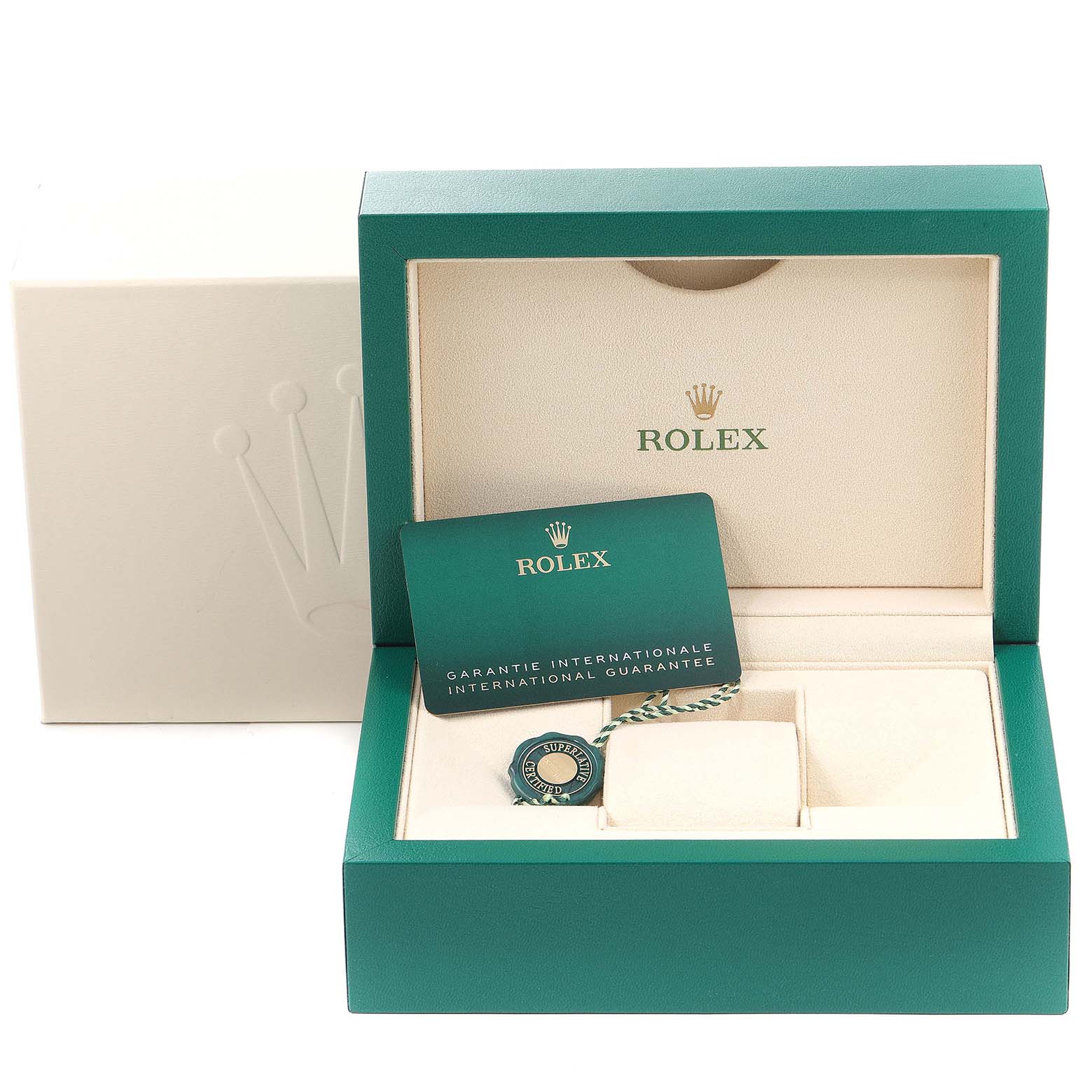 The image shows the packaging, guarantee card, and tag for a Rolex Datejust 126201 Men
s Steel and Gold (two tone) Silver Dial 126201 Men
s Steel and Gold (two tone) Silver Dial watch.