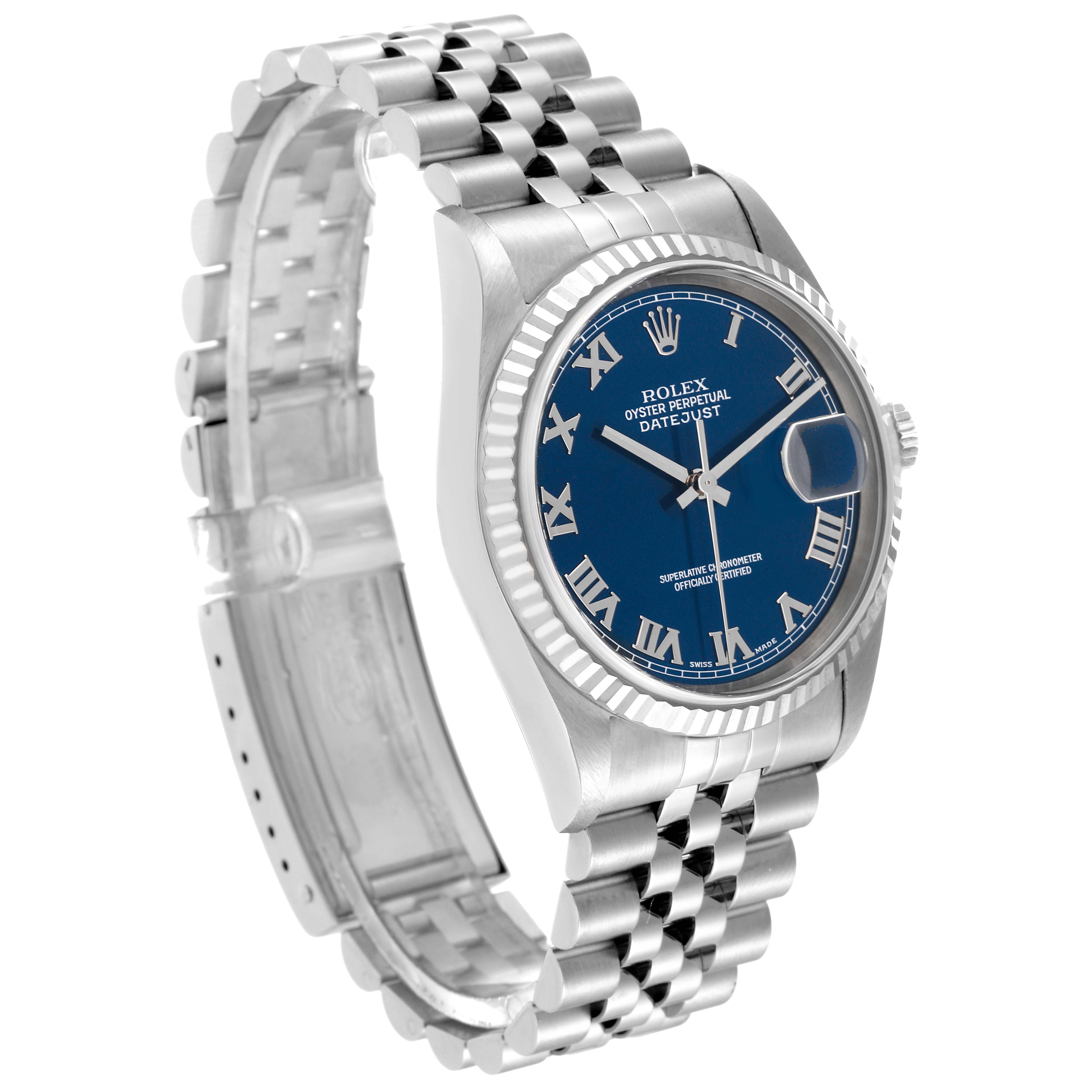 The image shows a Rolex Datejust 16234 Men's Stainless Steel Blue Dial 16234 Men's Stainless Steel Blue Dial watch angled to display its blue dial, fluted bezel, and jubilee bracelet.