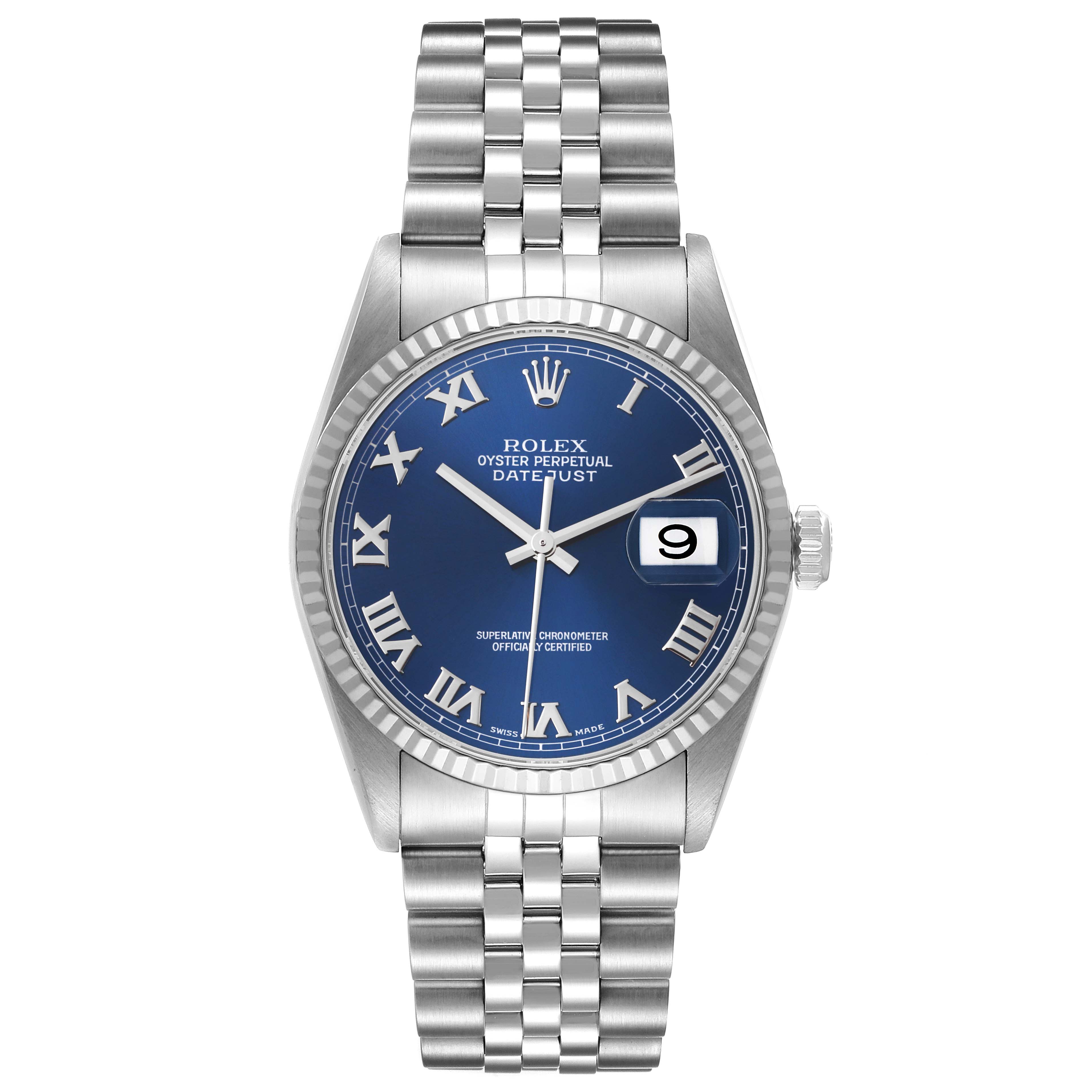 The image shows a front view of the Rolex Datejust 16234 Men's Stainless Steel Blue Dial 16234 Men's Stainless Steel Blue Dial watch with a blue dial and silver bracelet.
