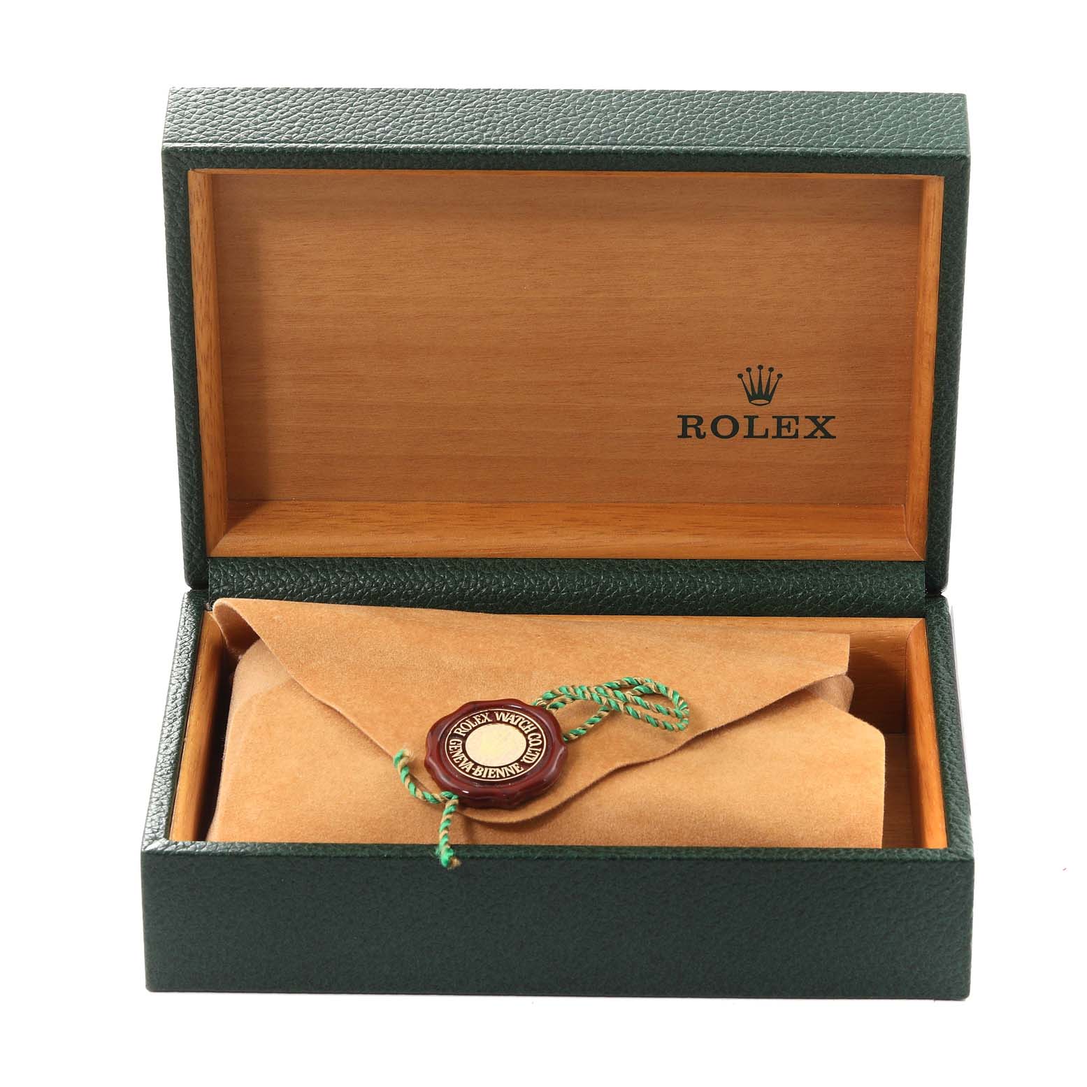 The image shows an open Rolex watch box containing a wrapped Rolex Datejust 16234 Men's Stainless Steel Blue Dial 16234 Men's Stainless Steel Blue Dial model with a seal.