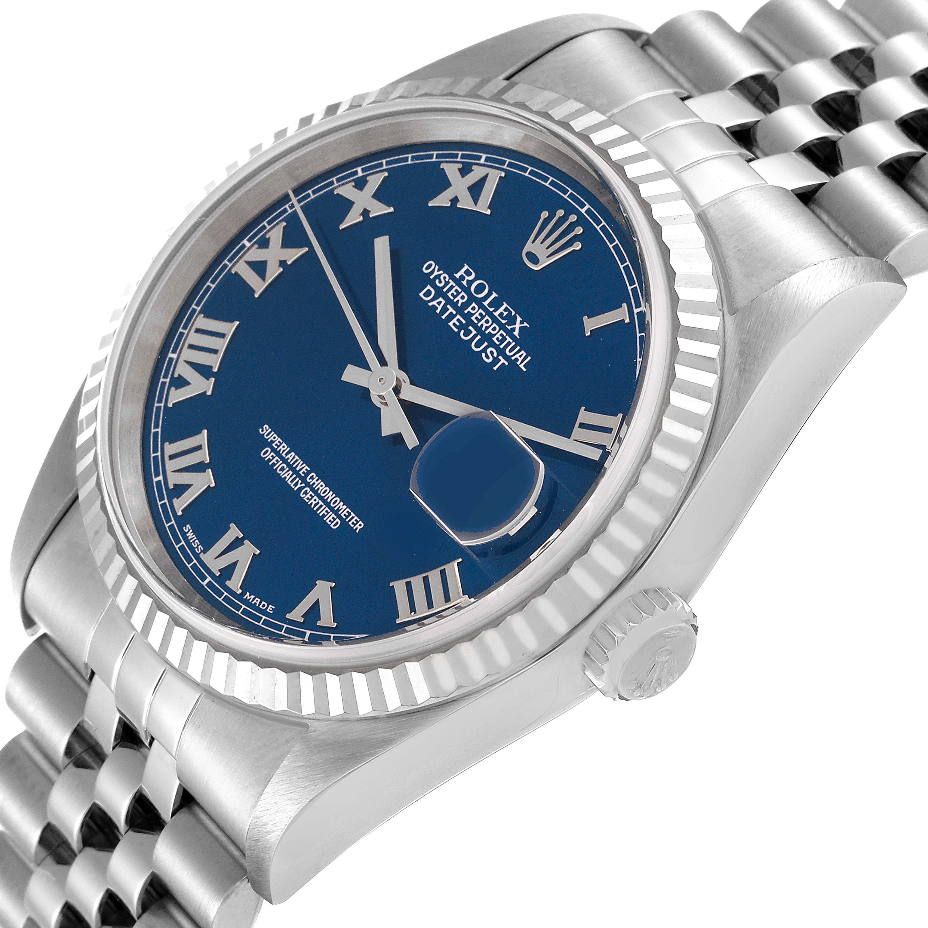 The image shows a Rolex Datejust 16234 Men's Stainless Steel Blue Dial 16234 Men's Stainless Steel Blue Dial watch from an oblique angle, highlighting the blue Roman numeral dial, fluted bezel, and part of the Jubilee bracelet.