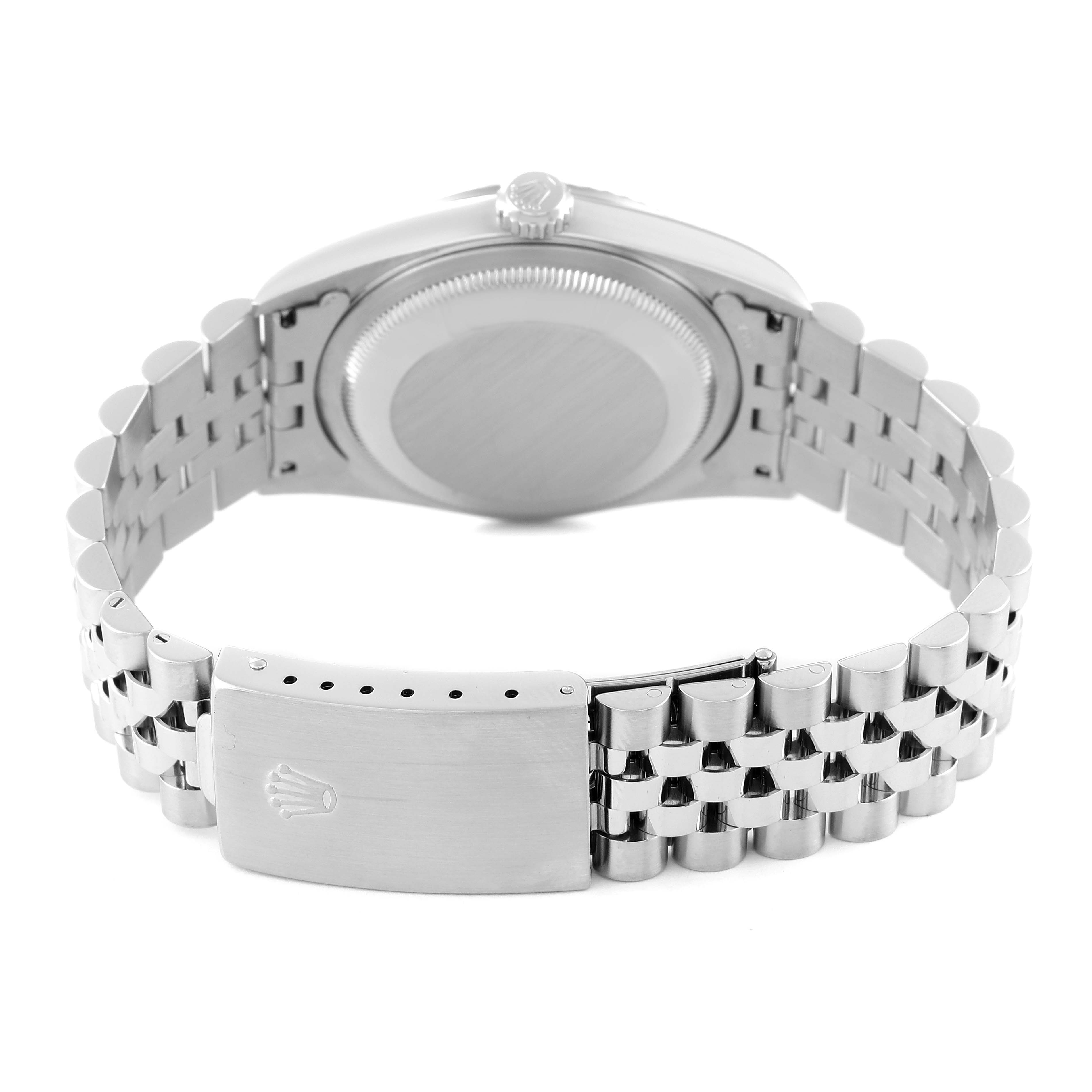 The image shows the back angle of a Rolex Datejust 16234 Men's Stainless Steel Blue Dial 16234 Men's Stainless Steel Blue Dial watch, focusing on the closed clasp and bracelet.