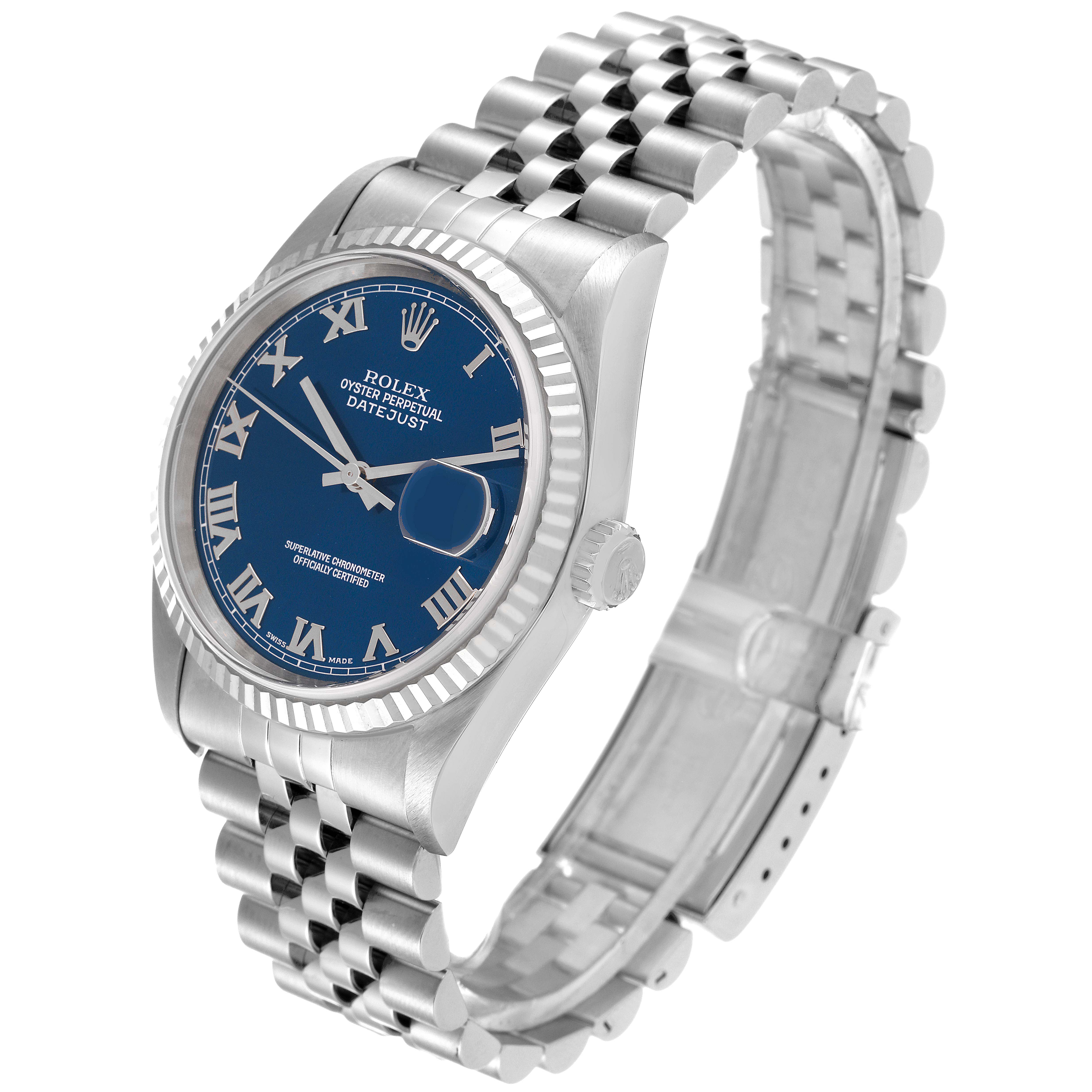The image shows a Rolex Datejust 16234 Men's Stainless Steel Blue Dial 16234 Men's Stainless Steel Blue Dial watch angled slightly to the left, displaying the dial, bezel, and Jubilee bracelet.