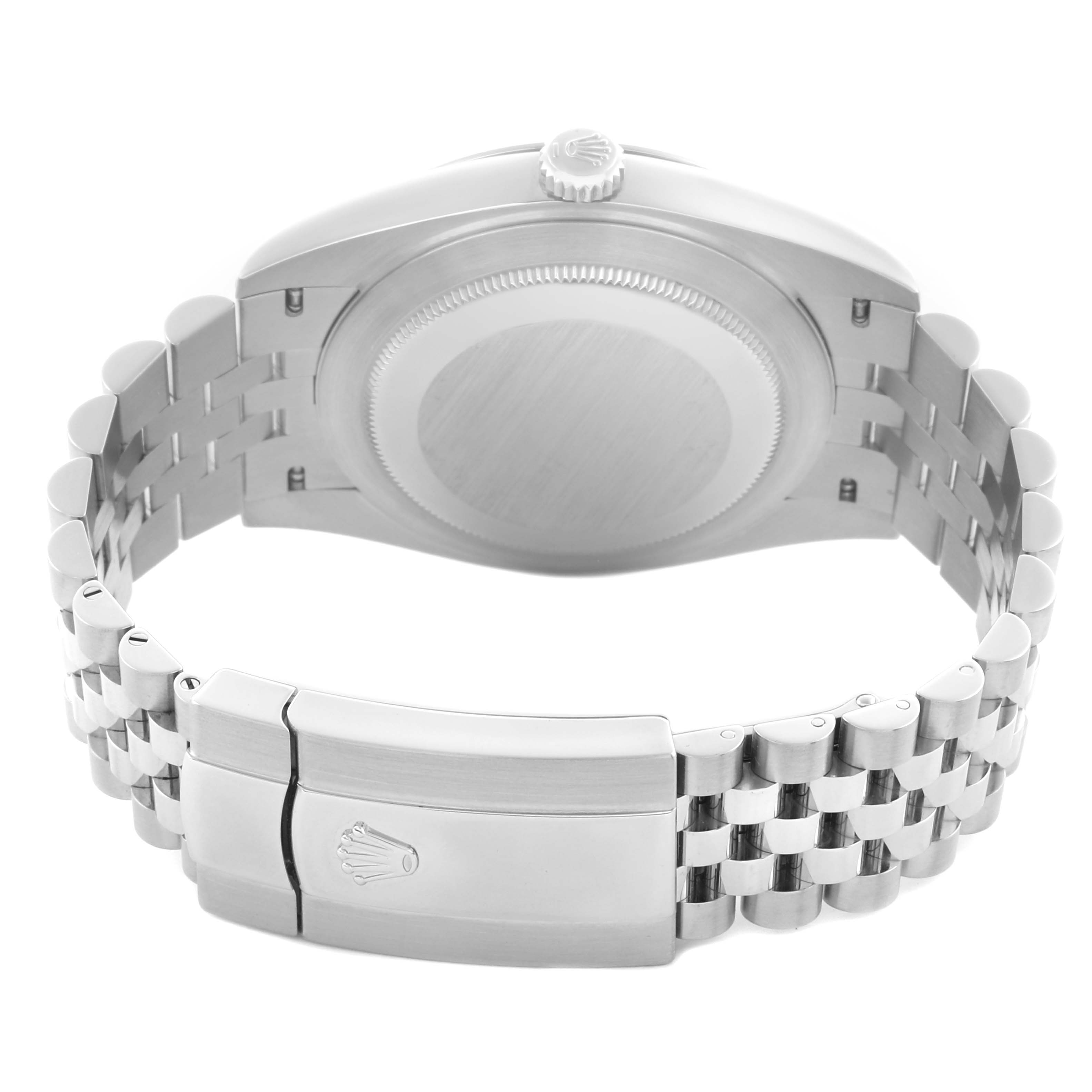The image shows the back of the Rolex Datejust 41 126300 Men's Stainless Steel Grey Dial 126300 Men's Stainless Steel Grey Dial, highlighting the case back, crown, and bracelet clasp.